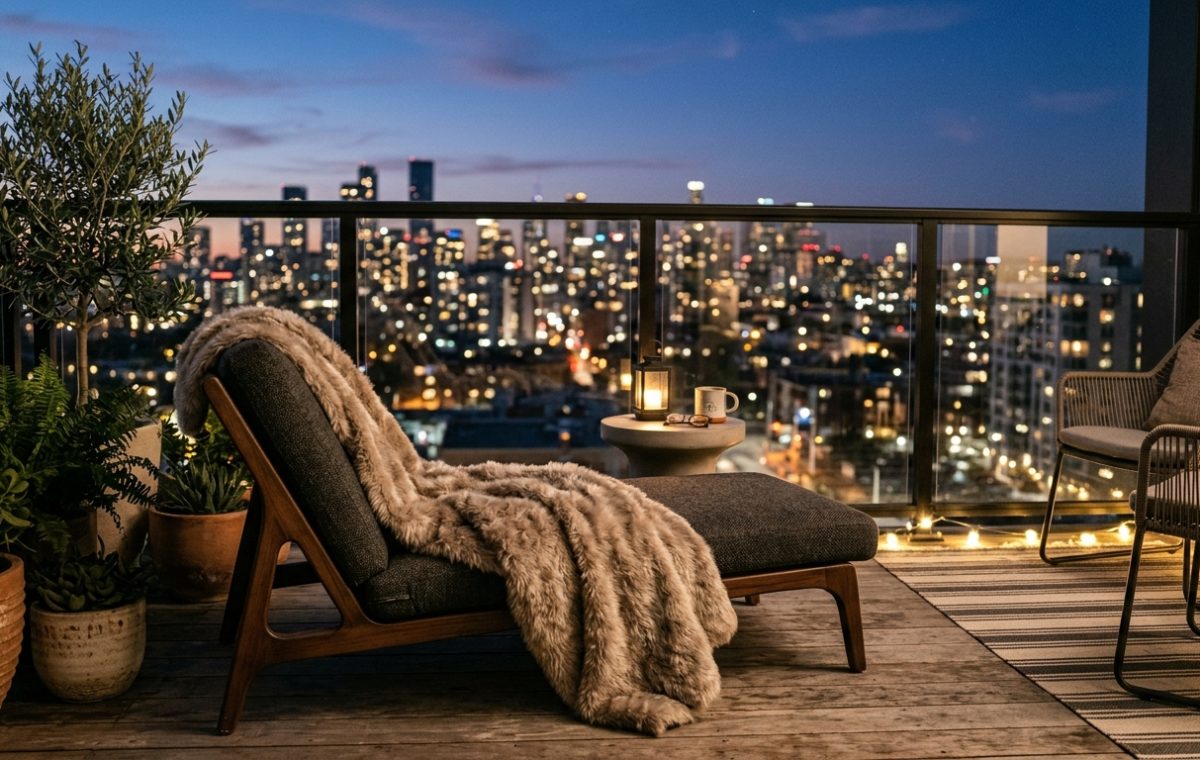 Editorial hero shot of a luxury five-foot apartment balcony at twilight, featuring 2700K warm glow lighting and plush faux-mohair throws.
