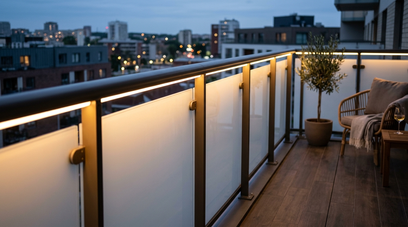 Close-up of high CRI 90+ LED lighting reflecting off frosted glass balcony panels for a diffused, high-end glow.