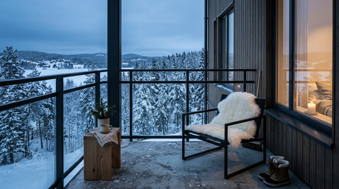 Scandinavian-inspired winter balcony with a sheepskin rug and a minimal wood-burning fire pit (strictly decorative).