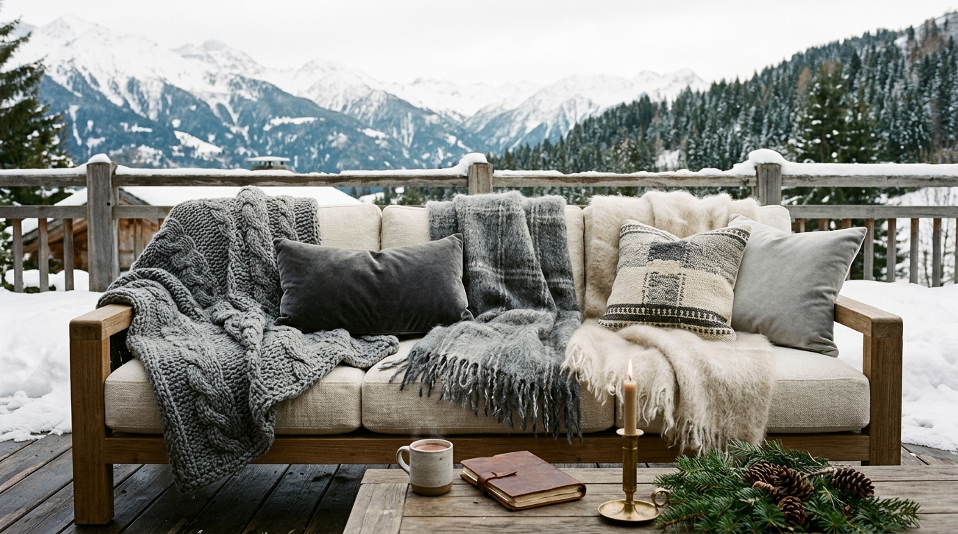 Tactile layers of a winter sanctuary: wool rugs, velvet pillows, and faux-mohair throws in a monochromatic cream palette.