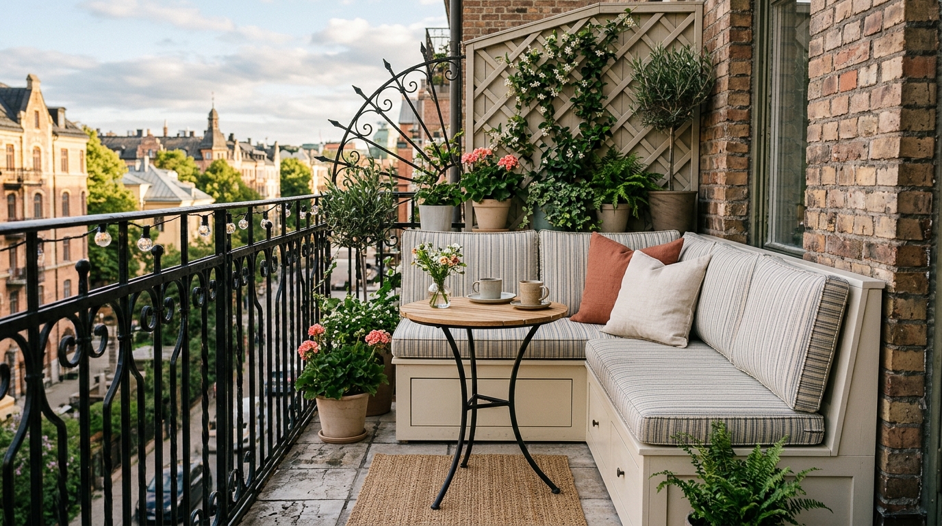Small balcony seating ideas: a space-saving corner banquette styled with heavy-duty outdoor holiday fabrics.