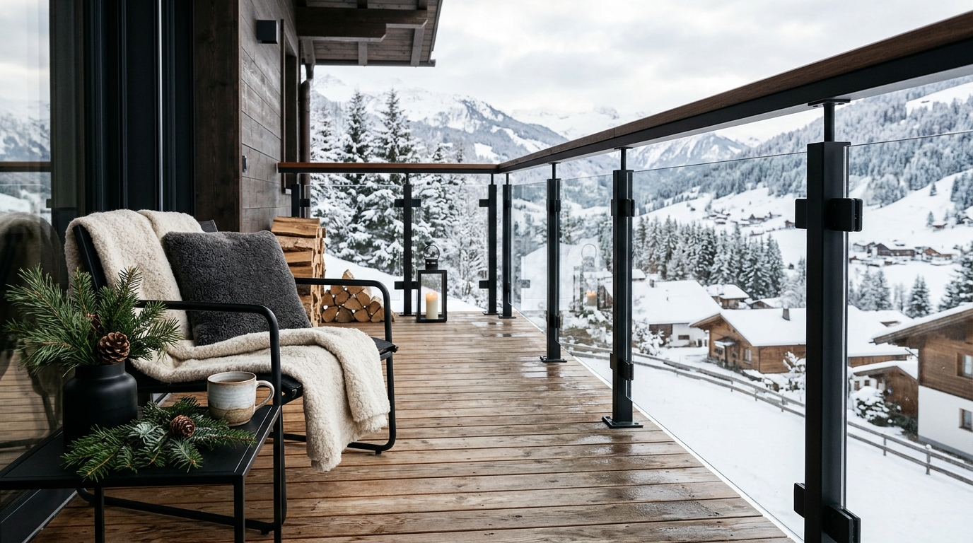 Urban winter balcony transformation using matte black hardware and warm wood accents to create a ski-resort aesthetic.