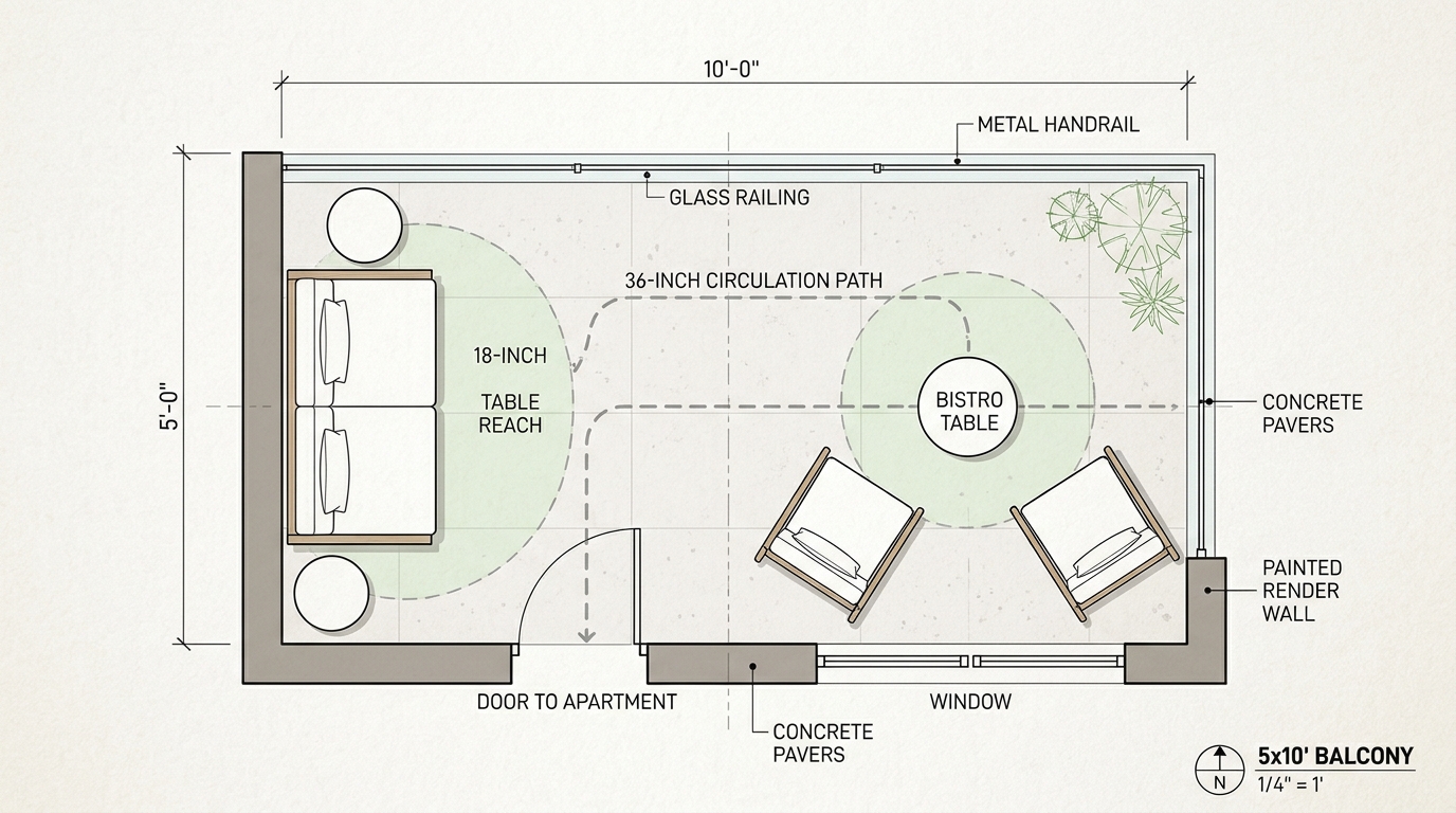Top-down architectural layout of a small apartment balcony showing the 36-inch walkway clearance and 18-inch table reach ergonomics.