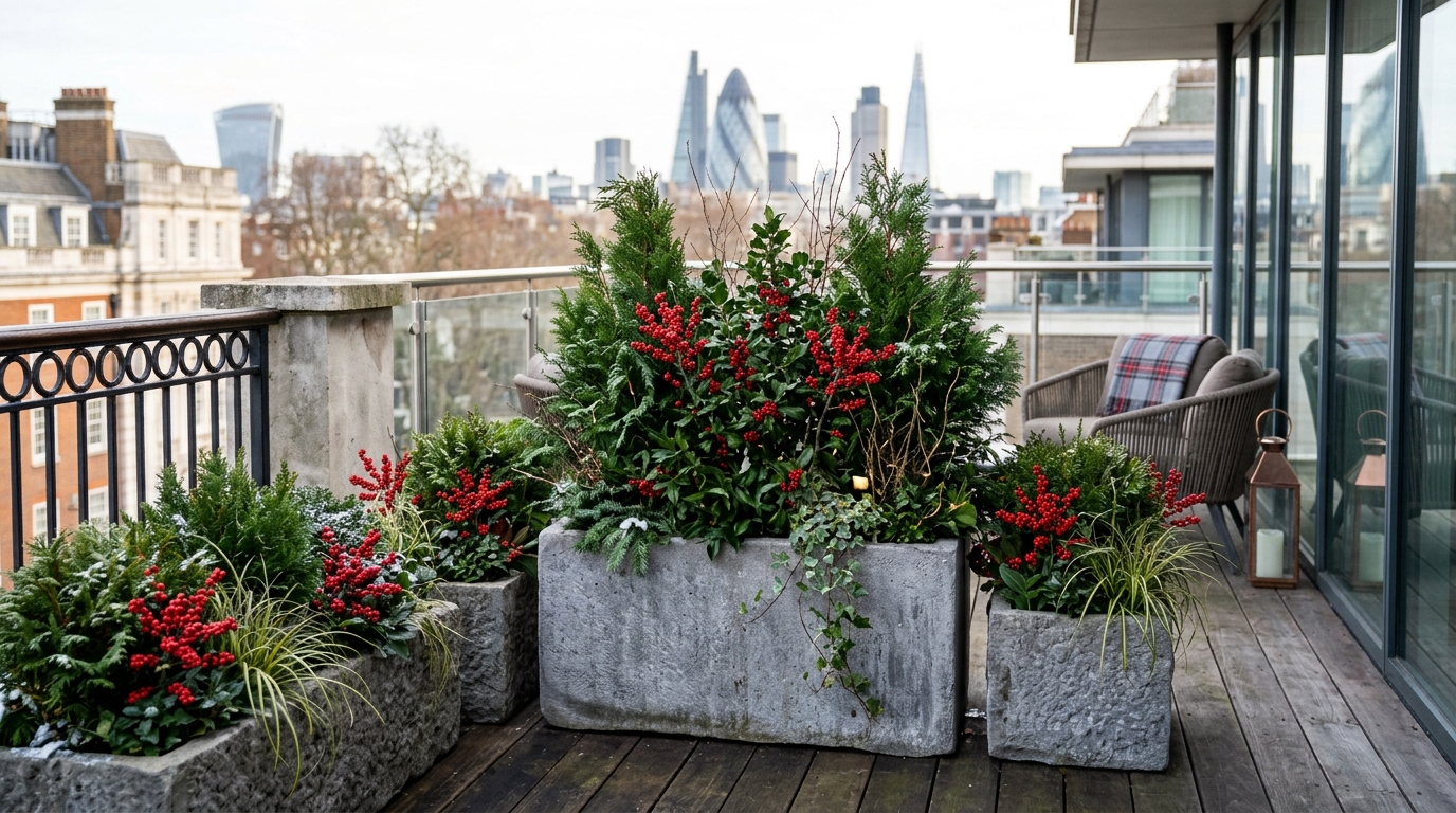 A curated collection of winter-hardy plants including cedar, pine, and ilex berries in architectural stone pots.