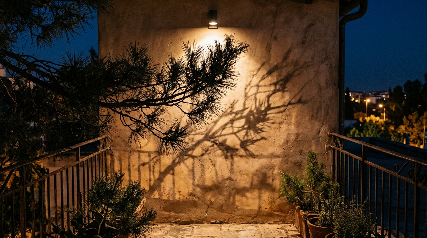Shadow play on a limewash-effect balcony wall created by a singular, strategically placed directional 2700K spotlight.