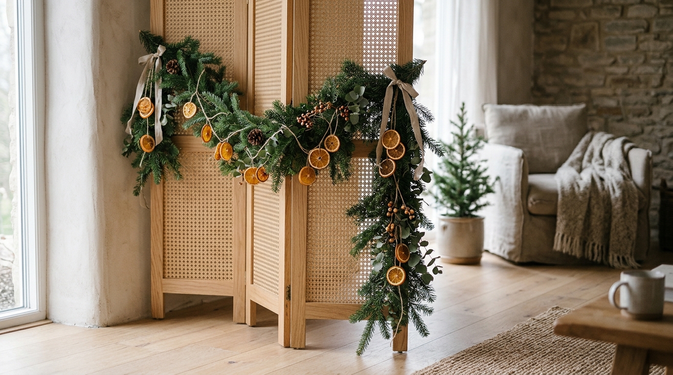 Elegant balcony privacy screen styled with a minimalist garland of real noble fir and dried citrus slices.
