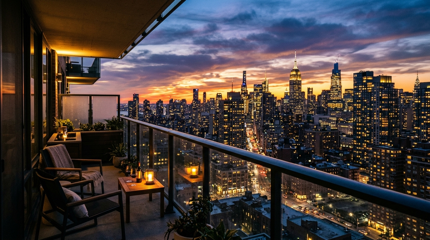 Sunset on an urban sanctuary: the warm 2700K lighting beginning to take over as the natural light fades behind skyscrapers.