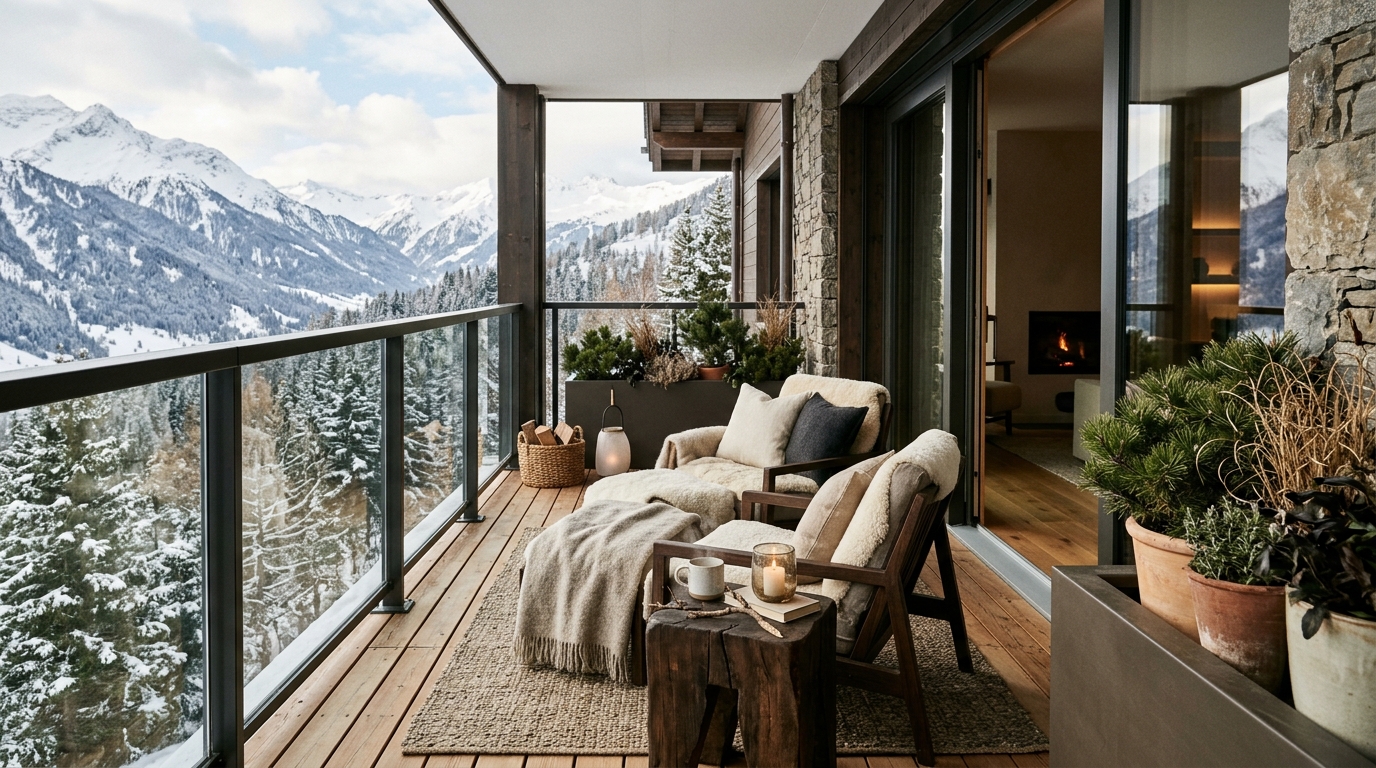 The final architectural reflection: a wide shot of a perfectly balanced, sensory-rich winter balcony in a dense city.