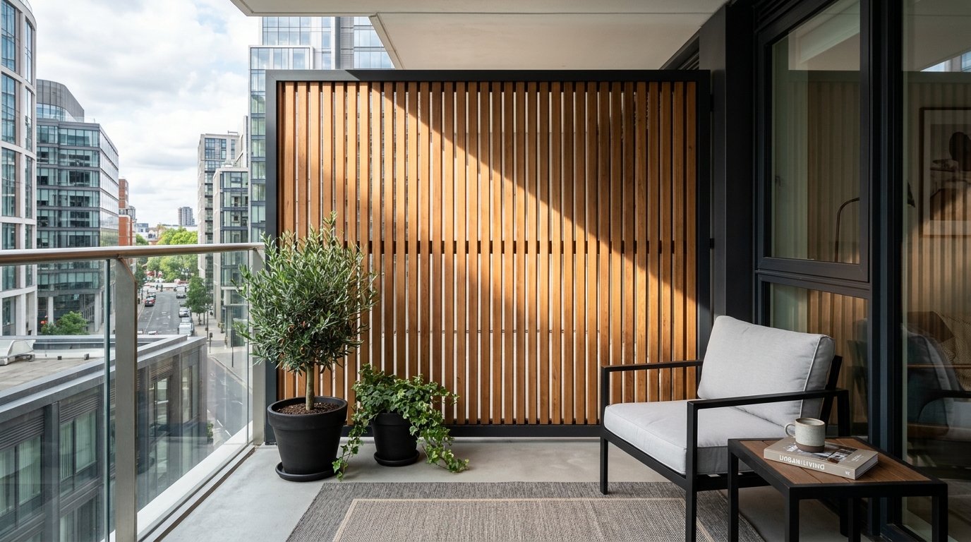 Balcony garden privacy screen made of vertical cedar slats, providing wind protection and a backdrop for architectural lighting.