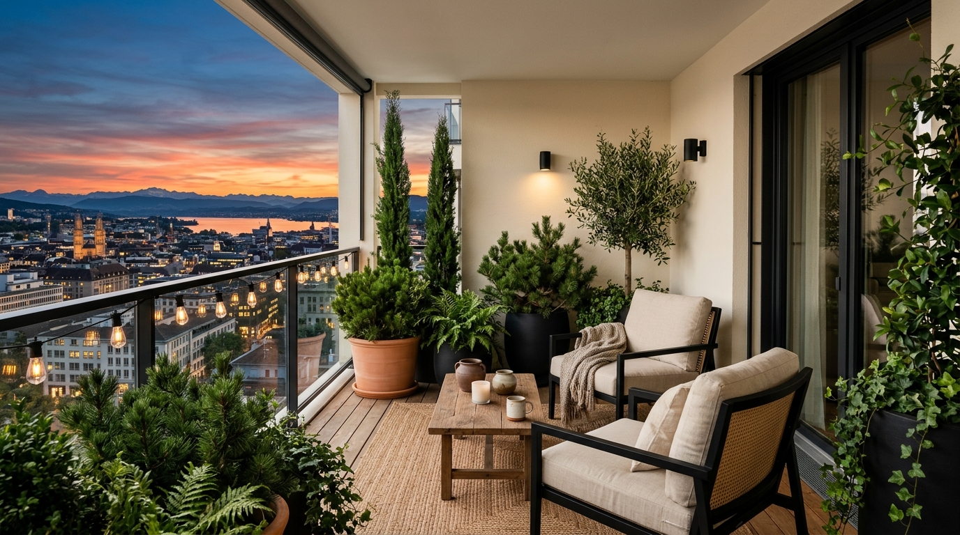 Architectural shot of a balcony overlooking the city skyline, featuring an organic modern palette of Swiss Coffee and Iron Ore.