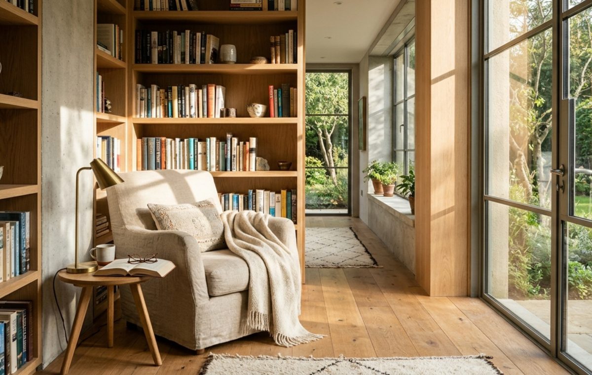 human-centered residential architecture showcasing a sun-drenched reading nook with a 36-inch walkway and integrated white oak bookshelves.