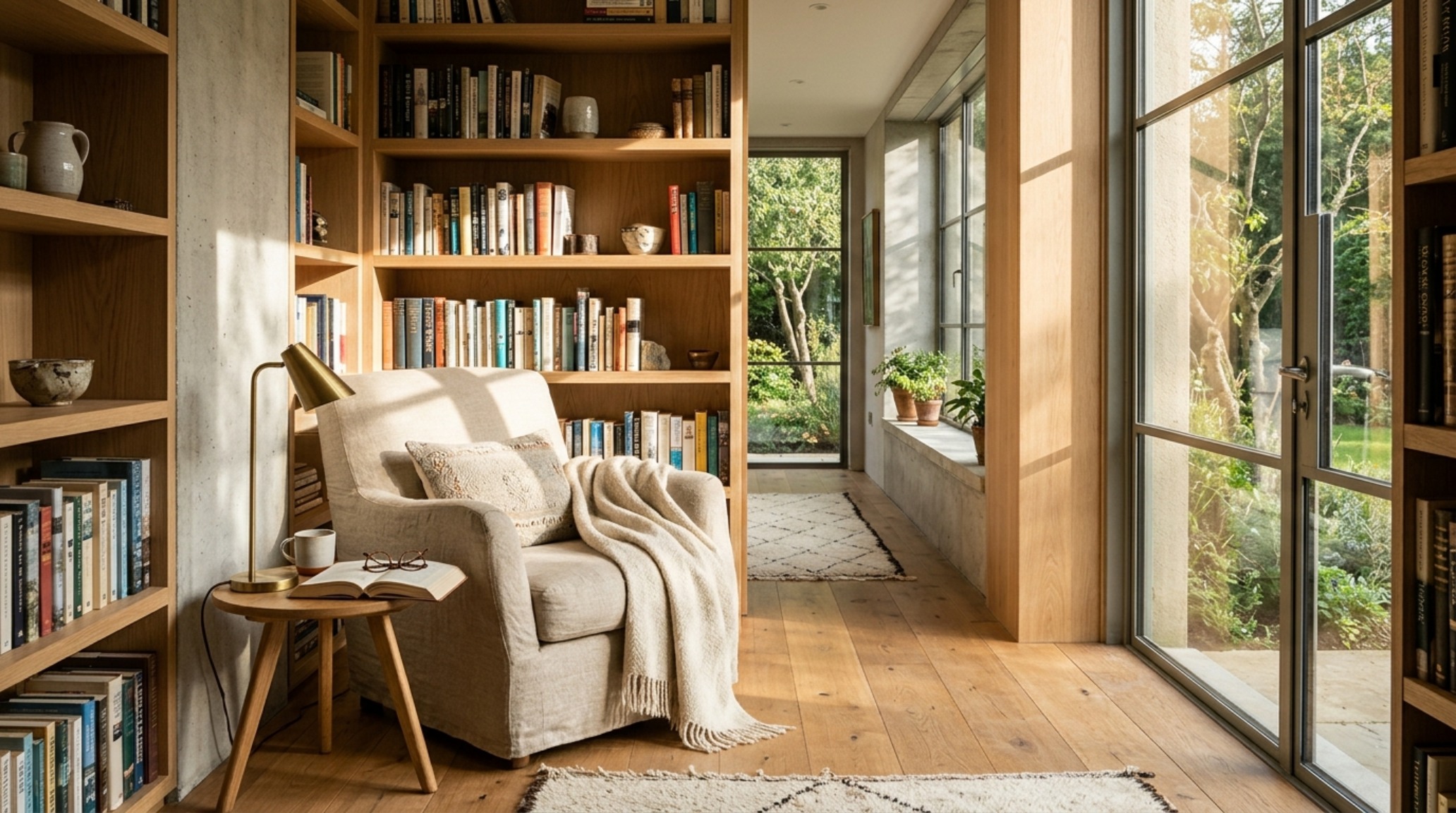 human-centered residential architecture showcasing a sun-drenched reading nook with a 36-inch walkway and integrated white oak bookshelves. human-centered residential architecture showcasing a sun-drenched reading nook with a 36-inch walkway and integrated white oak bookshelves.