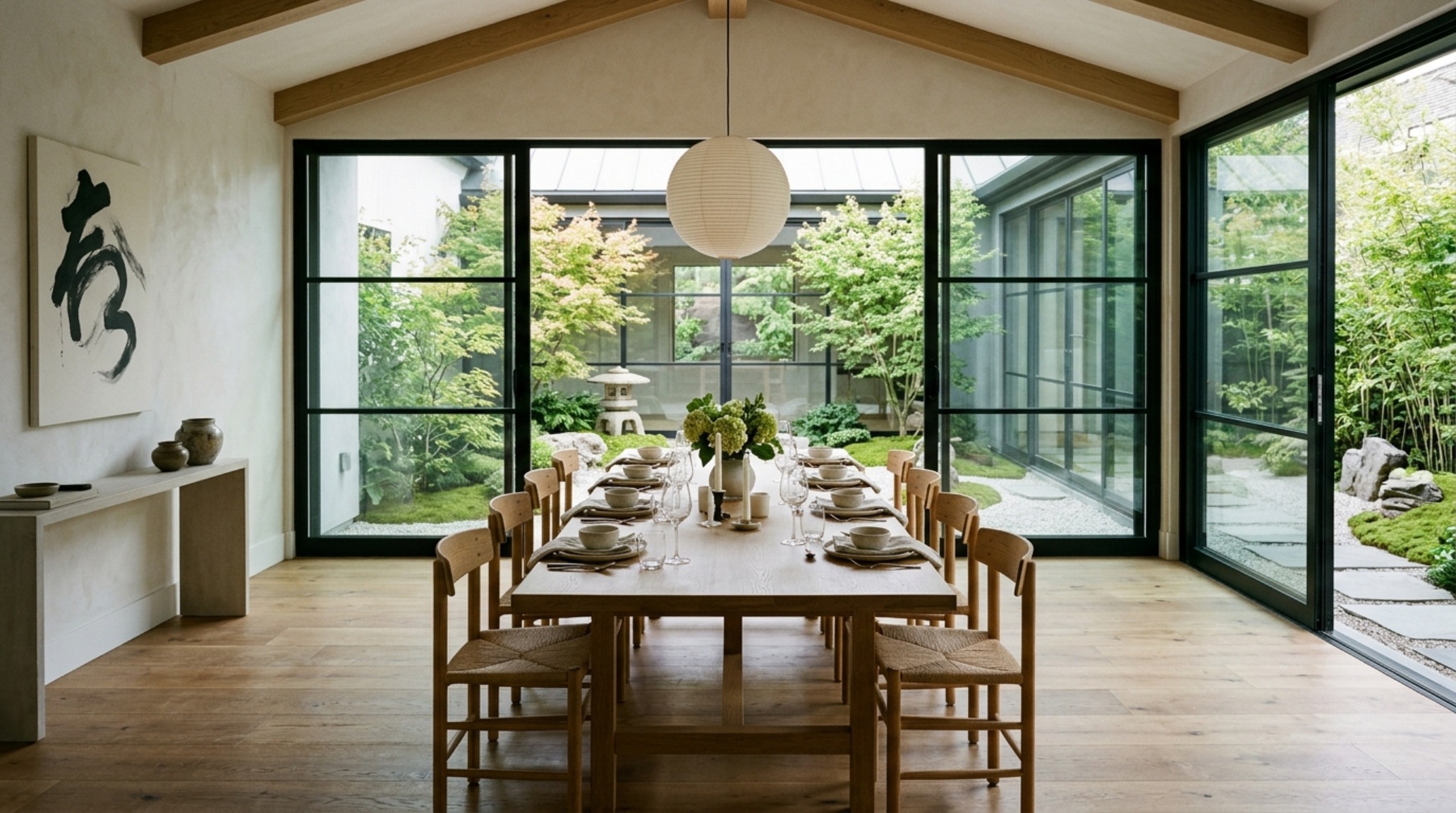 human-centered residential architecture highlighting a dining area with a 30-inch chair pull-out clearance and a view of a curated courtyard. human-centered residential architecture highlighting a dining area with a 30-inch chair pull-out clearance and a view of a curated courtyard.