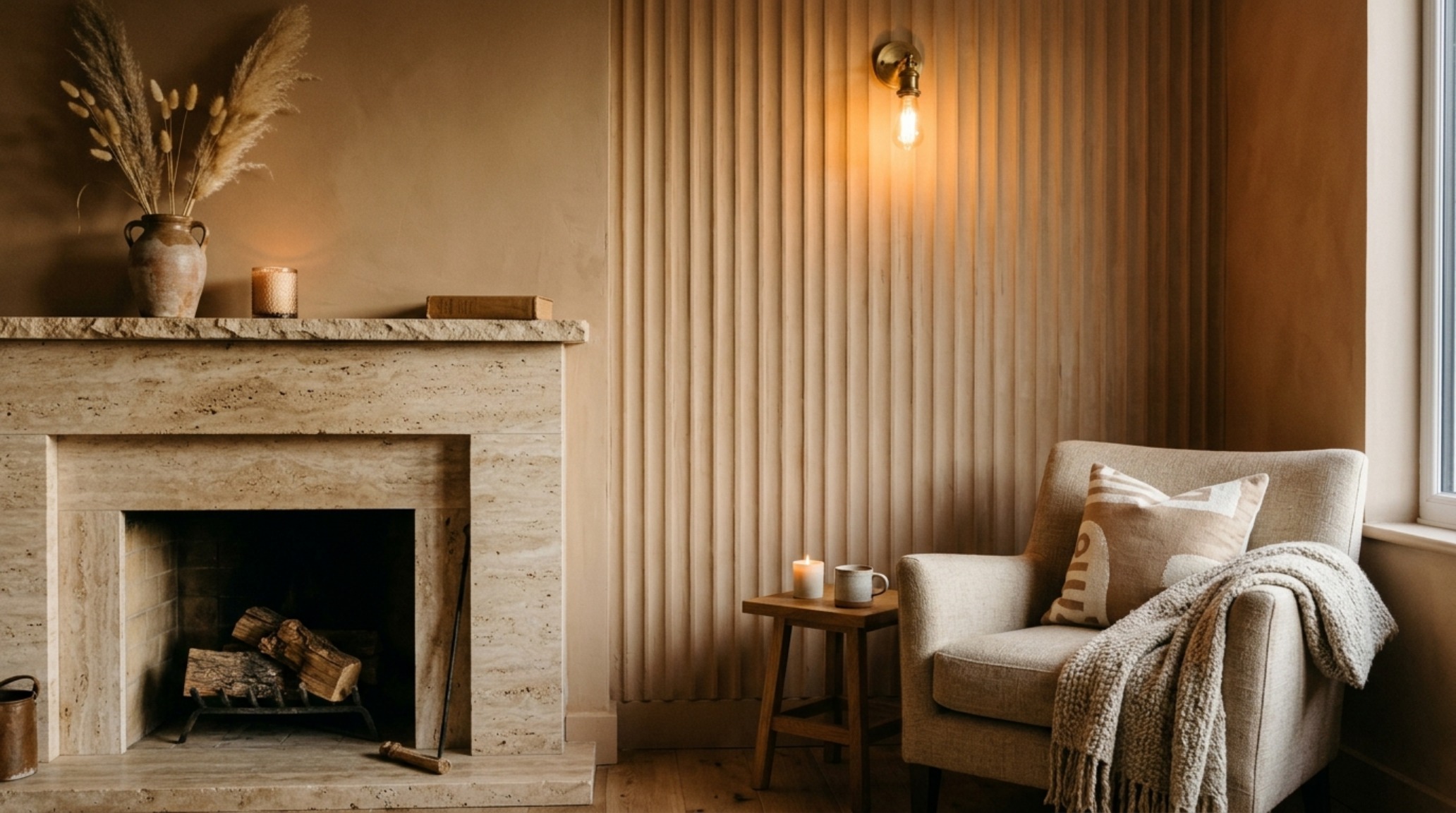 sensory interior design trends featuring fluted lime-wash walls and a honed travertine fireplace under warm 2700K directional lighting. sensory interior design trends featuring fluted lime-wash walls and a honed travertine fireplace under warm 2700K directional lighting.