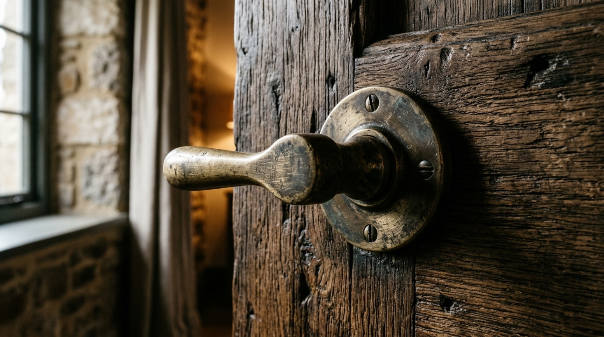 human-centered residential architecture detail of a solid brass door handle mounted on a reclaimed wood door with soft morning shadow play. human-centered residential architecture detail of a solid brass door handle mounted on a reclaimed wood door with soft morning shadow play.