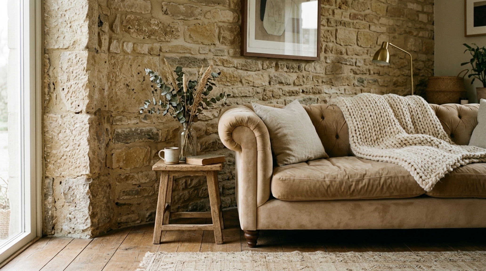 sensory interior design trends illustrating the contrast between rough-hewn stone walls and soft velvet upholstery in a neutral palette. sensory interior design trends illustrating the contrast between rough-hewn stone walls and soft velvet upholstery in a neutral palette.