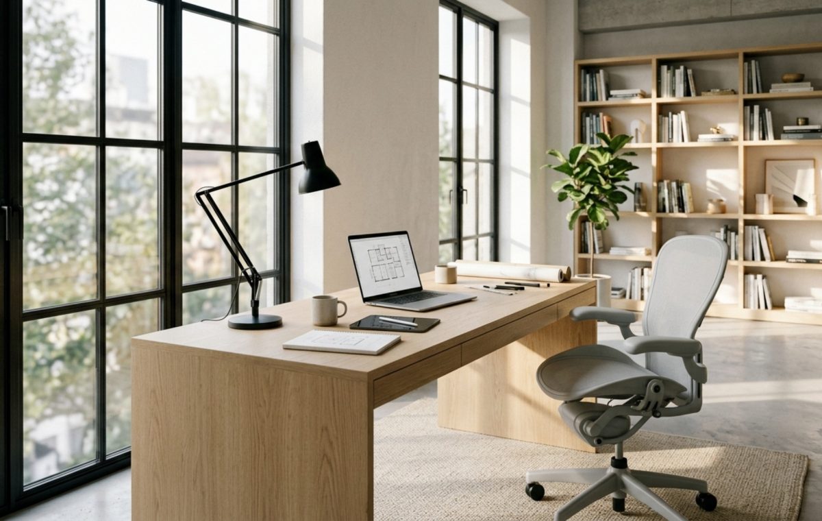 modern architect desks ideas featuring a minimalist white oak trestle desk with integrated power management and a view toward a large floor-to-ceiling window.