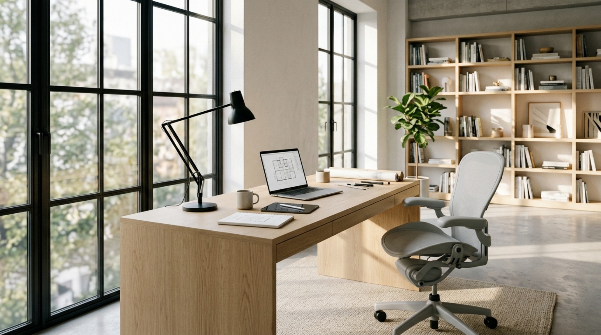 modern architect desks ideas featuring a minimalist white oak trestle desk with integrated power management and a view toward a large floor-to-ceiling window. modern architect desks ideas featuring a minimalist white oak trestle desk with integrated power management and a view toward a large floor-to-ceiling window.