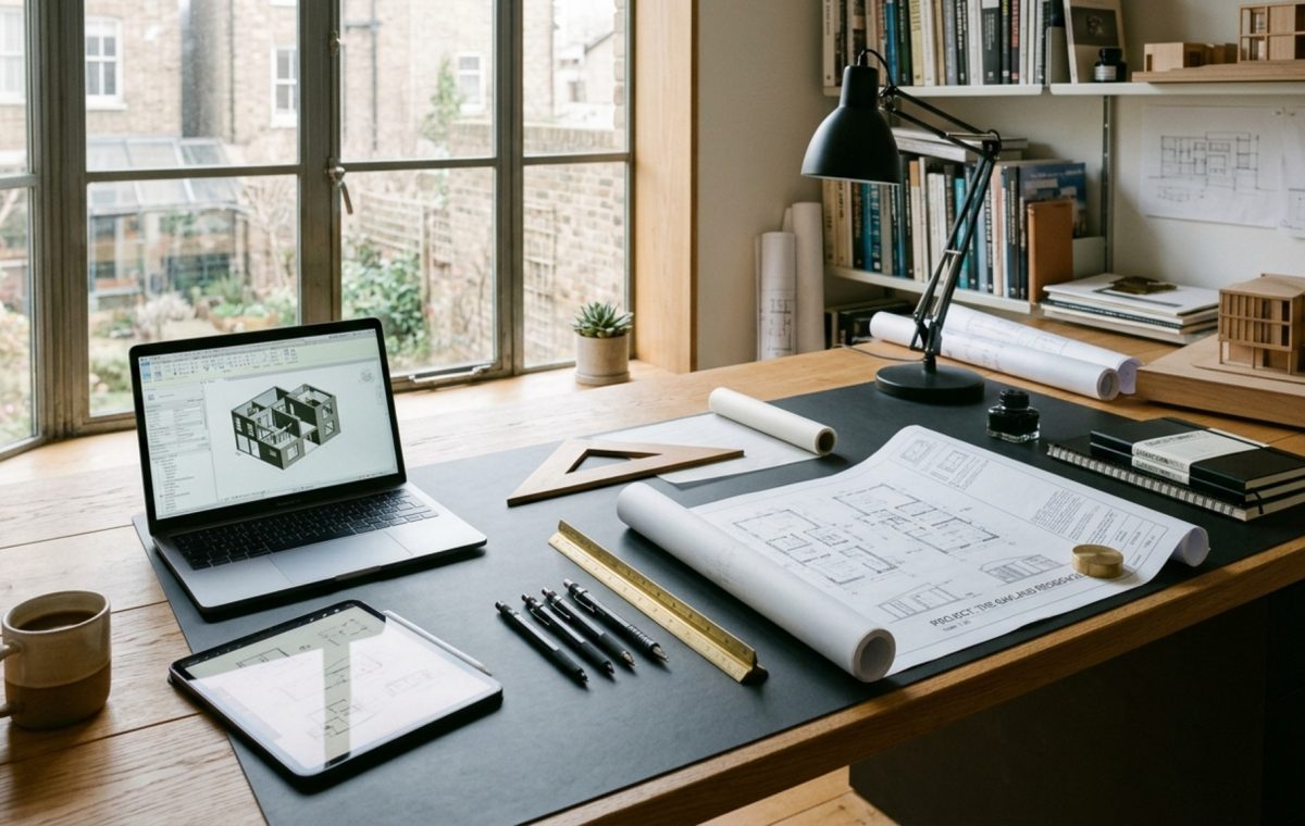 luxury architect desks textures featuring a honed charcoal linoleum surface with rift-sawn white oak edges and brass architectural tools
