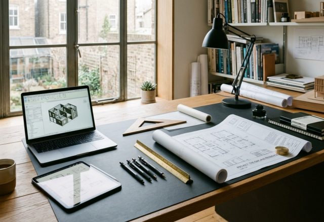 luxury architect desks textures featuring a honed charcoal linoleum surface with rift-sawn white oak edges and brass architectural tools