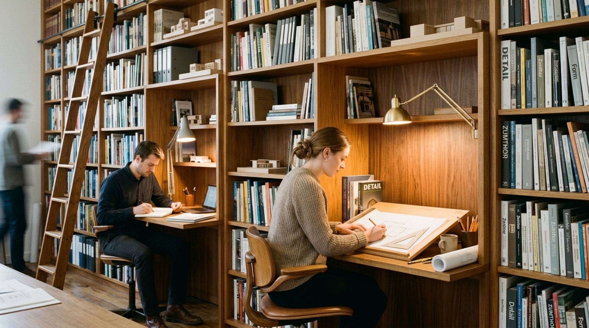 small space architect desks placed in a repurposed corner alcove with custom built-in cabinetry and warm LED strip backlighting. small space architect desks placed in a repurposed corner alcove with custom built-in cabinetry and warm LED strip backlighting.