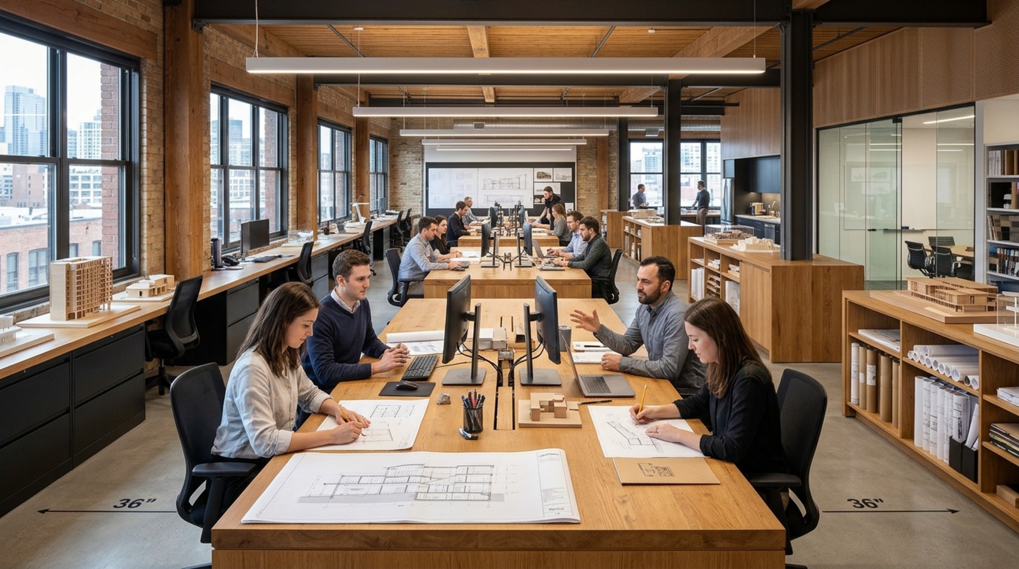 modern architect desks ideas in a shared collaborative studio space with large central island desks and 360-degree walkway clearance modern architect desks ideas in a shared collaborative studio space with large central island desks and 360-degree walkway clearance