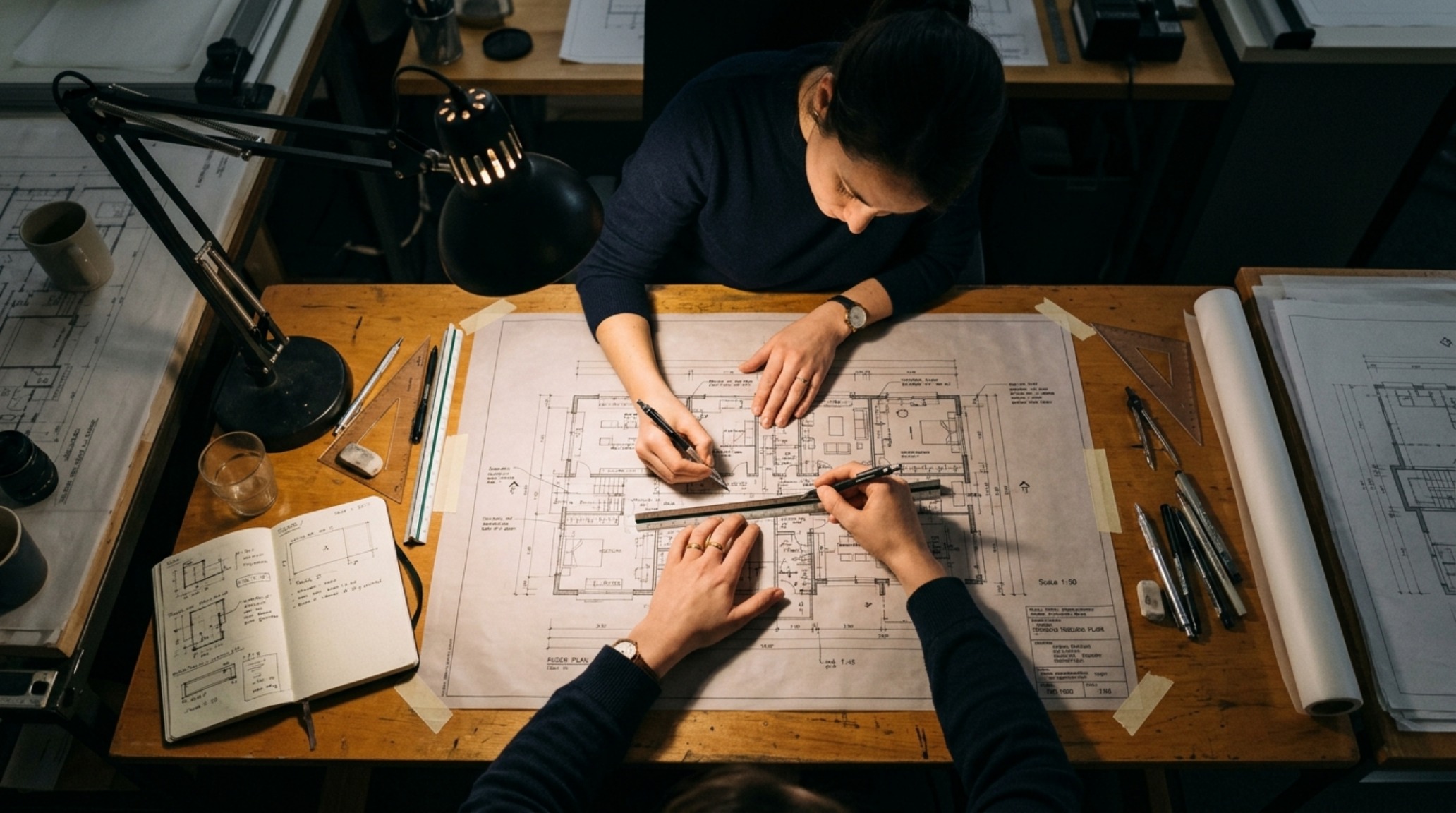 architect desks lighting guide illustrating a dual-arm task lamp providing flicker-free illumination for both physical drafting and digital screens. architect desks lighting guide illustrating a dual-arm task lamp providing flicker-free illumination for both physical drafting and digital screens.