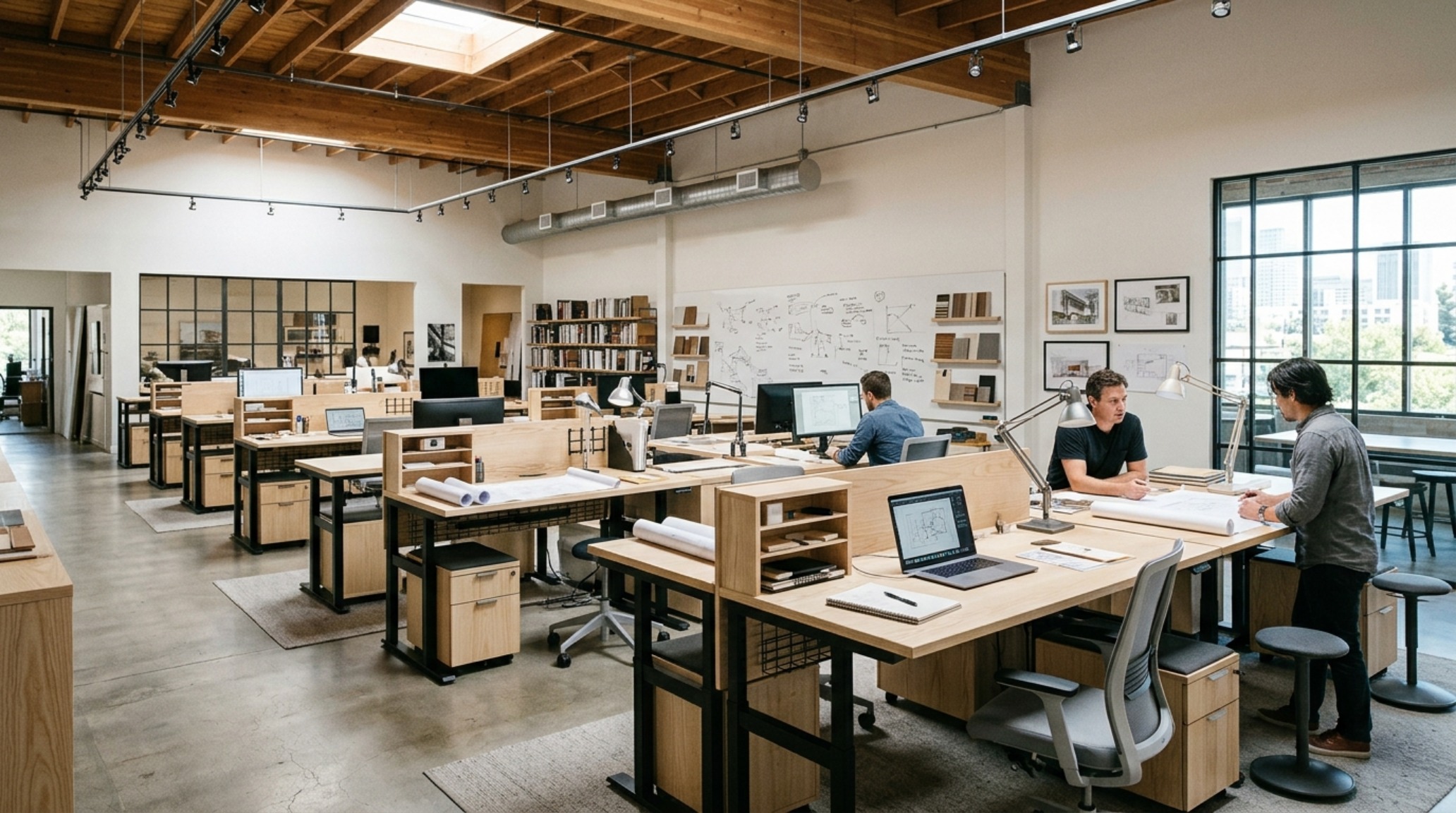 modern architect desks ideas in a shared studio environment using modular acoustic panels and large communal solid wood work surfaces. modern architect desks ideas in a shared studio environment using modular acoustic panels and large communal solid wood work surfaces.