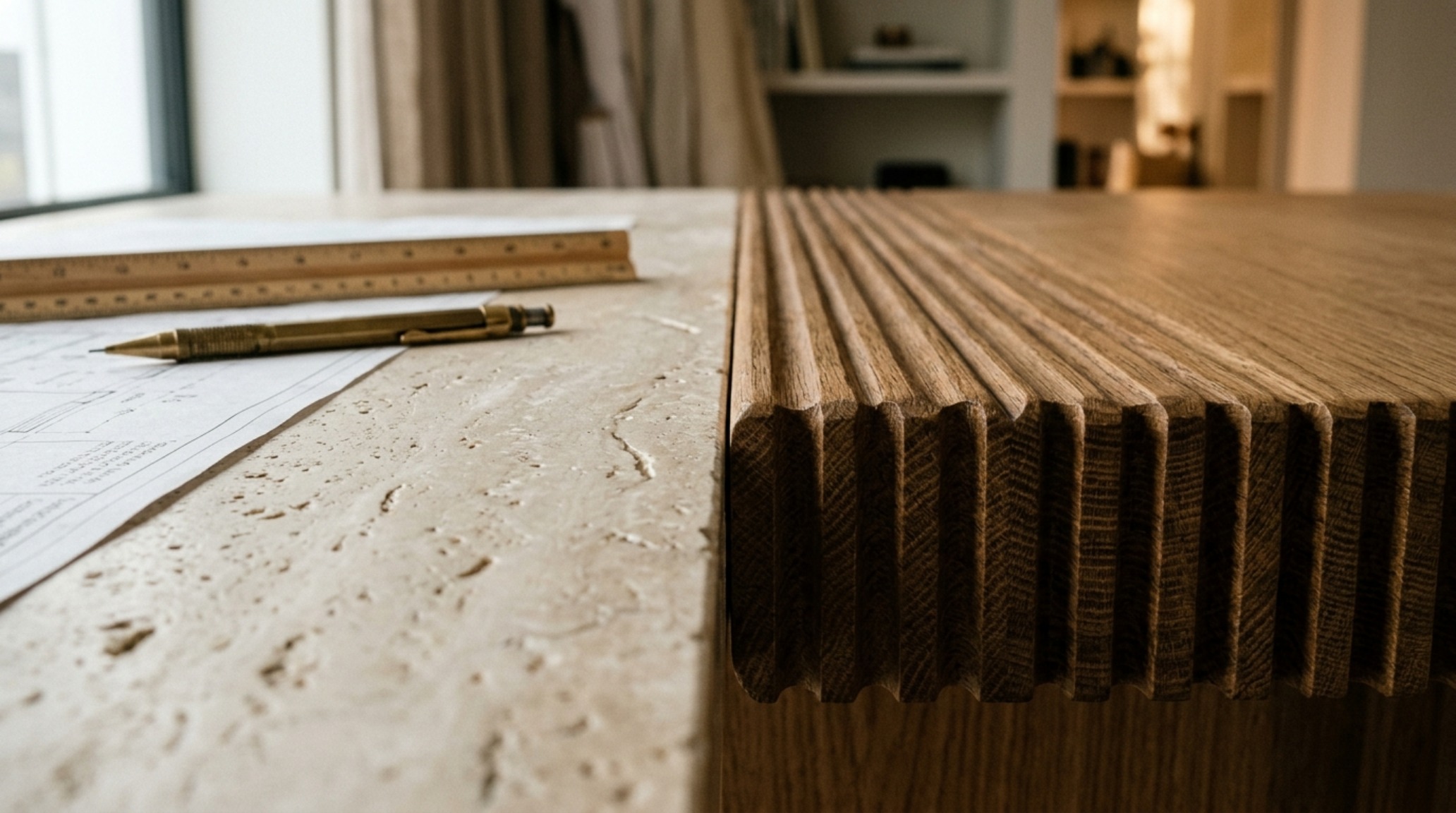 luxury architect desks textures showcasing a honed travertine desktop paired with a fluted oak drawer cabinet and matte black hardware. luxury architect desks textures showcasing a honed travertine desktop paired with a fluted oak drawer cabinet and matte black hardware.