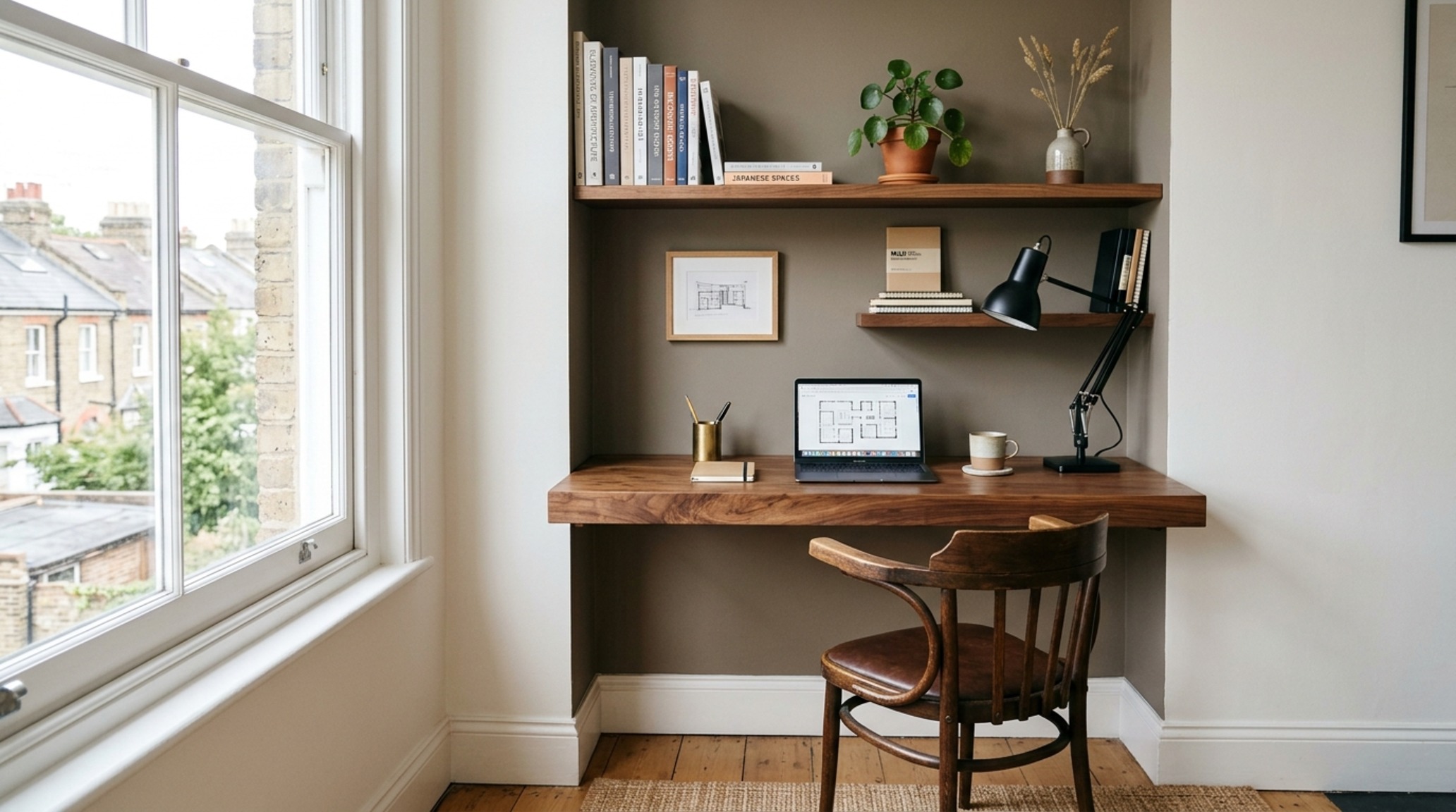 small space architect desks in a minimalist alcove with a floating walnut desktop and integrated vertical shelving in a monochrome taupe small space architect desks in a minimalist alcove with a floating walnut desktop and integrated vertical shelving in a monochrome taupe