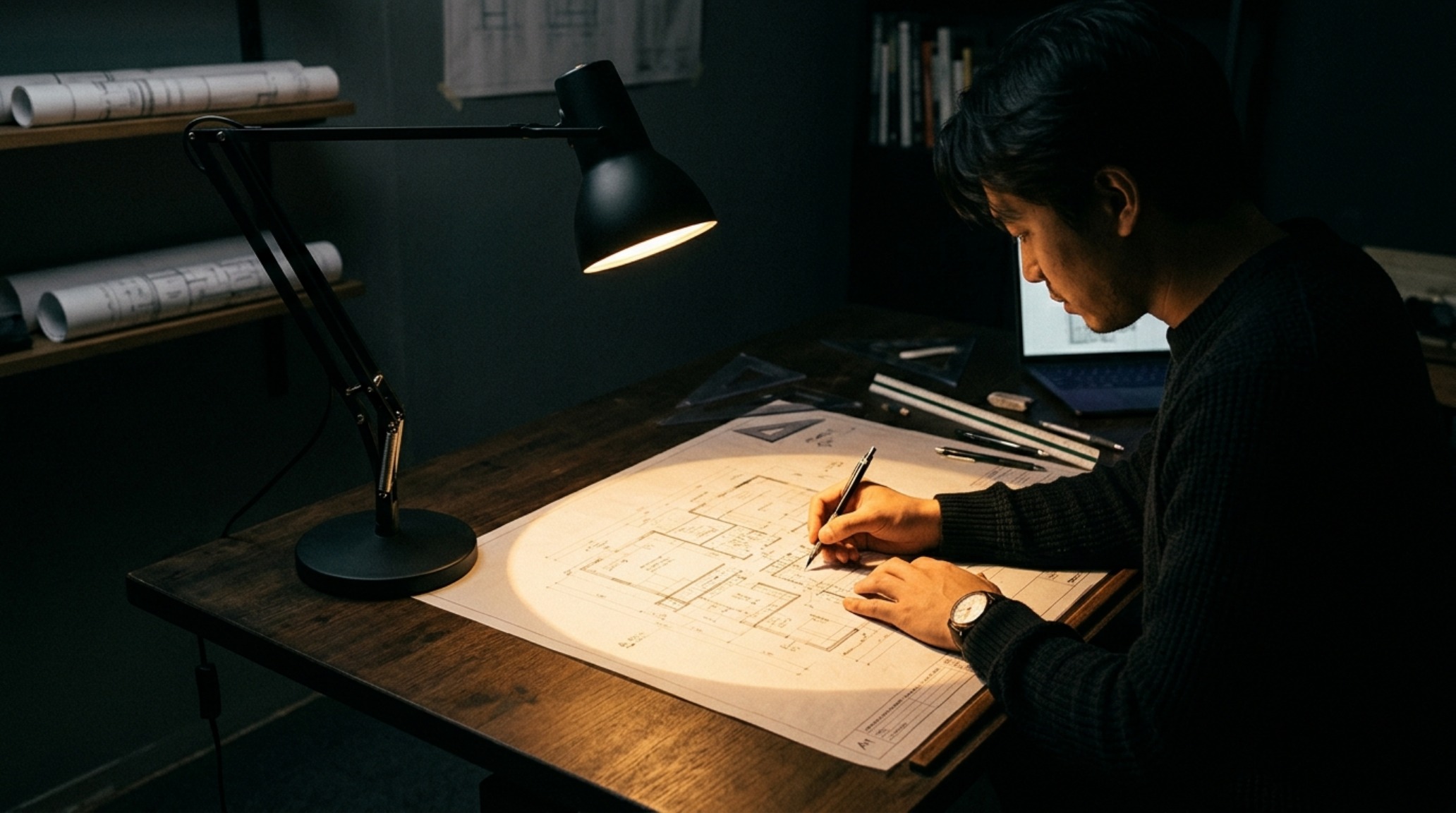 architect desks lighting guide demonstrating the use of a 3000K high CRI desk lamp providing focused task lighting on a large format blueprint. architect desks lighting guide demonstrating the use of a 3000K high CRI desk lamp providing focused task lighting on a large format blueprint.