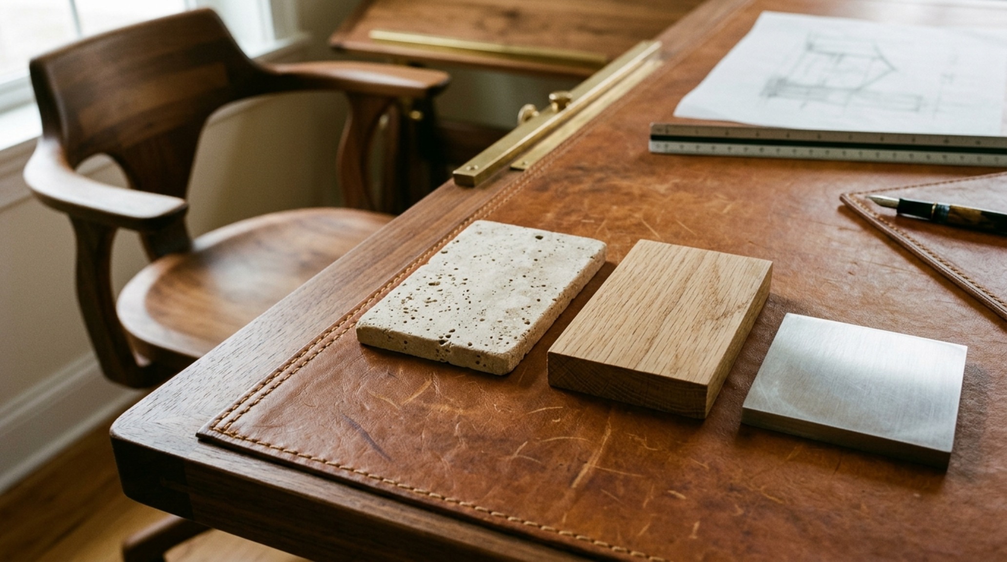 luxury architect desks textures with a tobacco-toned bridge leather inlay and hand-turned solid oak legs in a professional atelier luxury architect desks textures with a tobacco-toned bridge leather inlay and hand-turned solid oak legs in a professional atelier