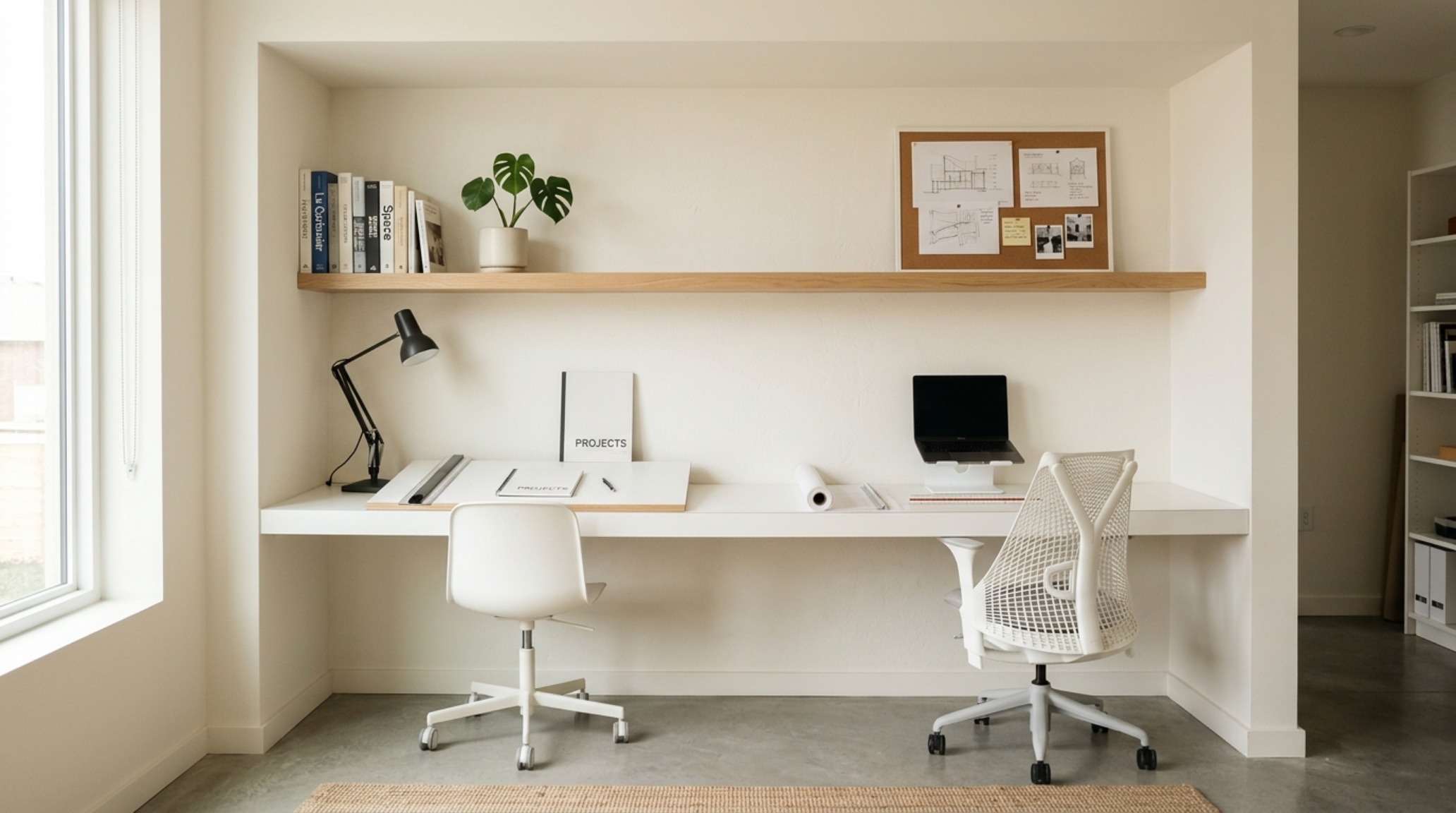small space architect desks utilizing a folding desk system and transparent acrylic chair to maintain light and airy sightlines in a studio apartment. small space architect desks utilizing a folding desk system and transparent acrylic chair to maintain light and airy sightlines in a studio apartment.