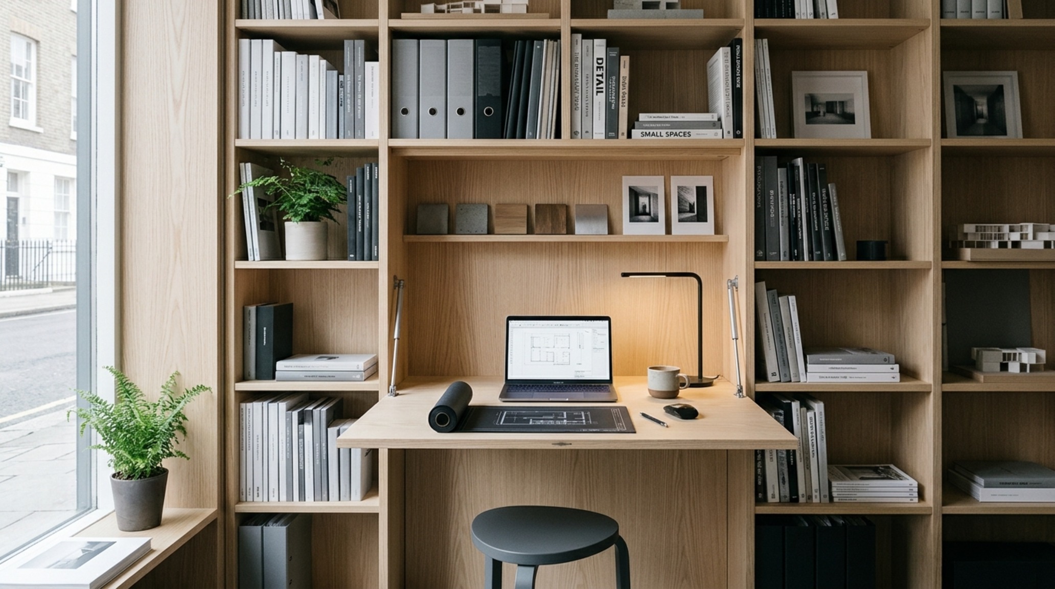 small space architect desks utilizing a compact corner configuration with hidden wire management and a slim ergonomic task chair small space architect desks utilizing a compact corner configuration with hidden wire management and a slim ergonomic task chair
