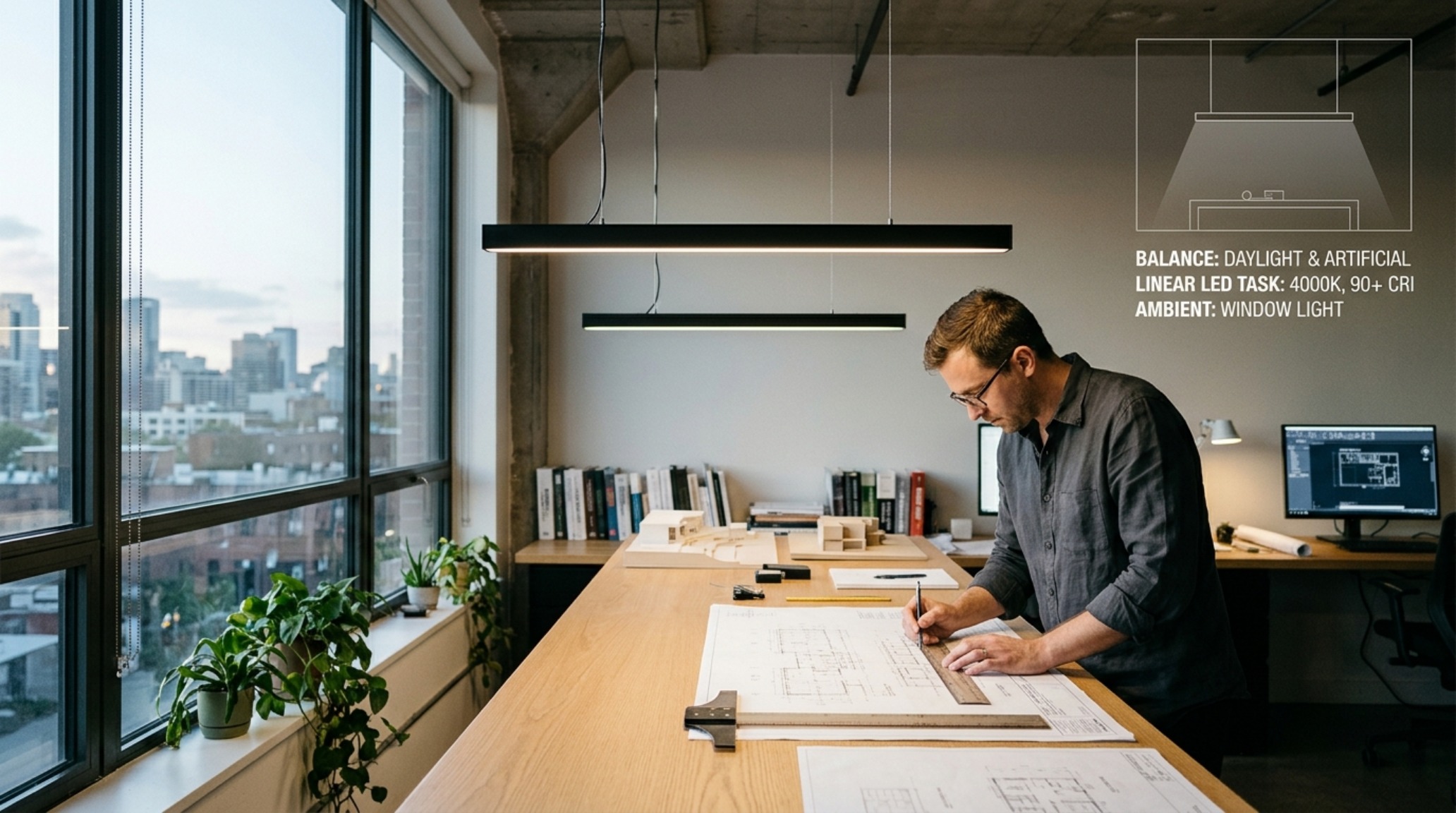 architect desks lighting guide showing the interplay between warm 2700K ambient room lighting and cool 3500K natural light from a skylight. architect desks lighting guide showing the interplay between warm 2700K ambient room lighting and cool 3500K natural light from a skylight.