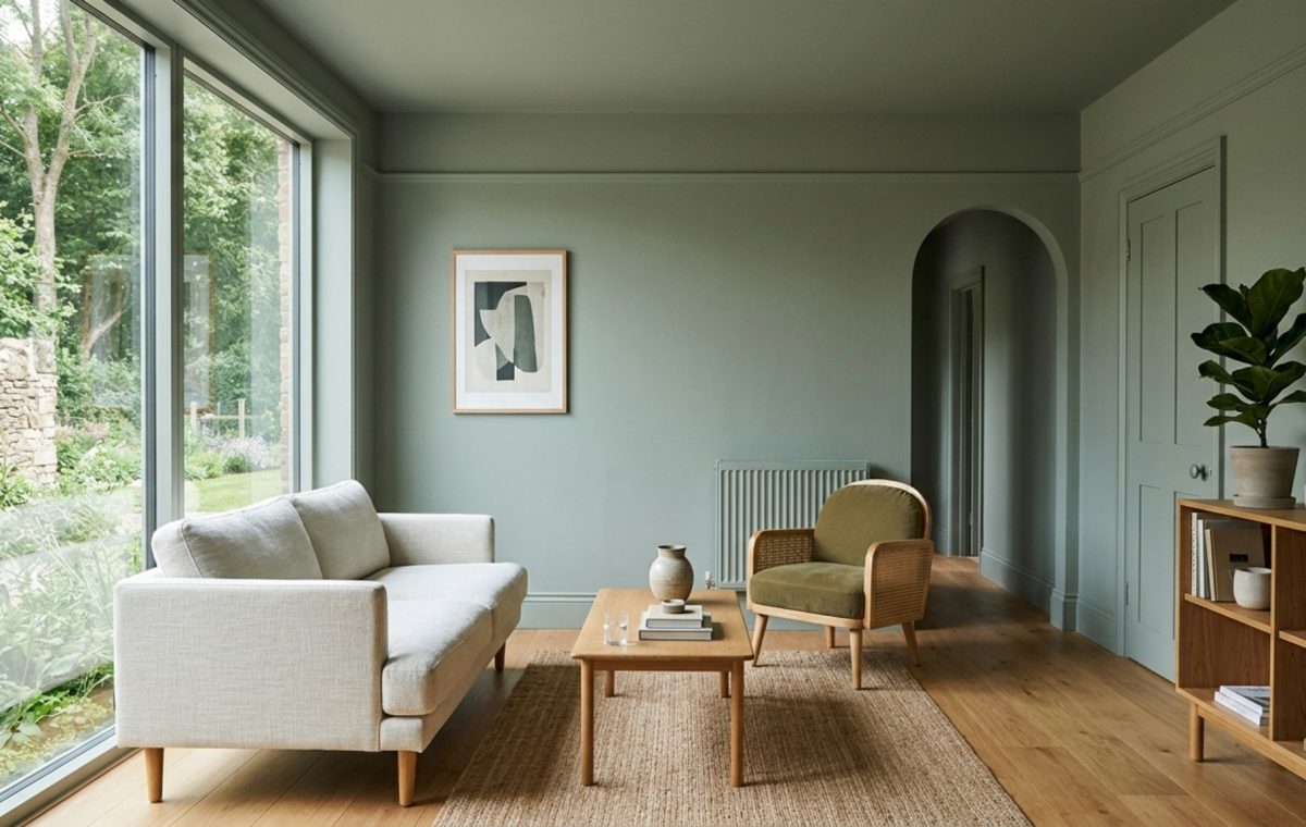 A small living room featuring floor-to-ceiling color drenching in a muted sage green, showing seamless transitions between walls, trim, and ceiling.