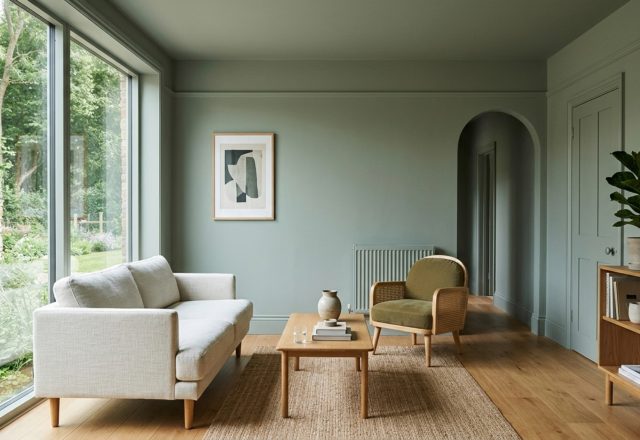 A small living room featuring floor-to-ceiling color drenching in a muted sage green, showing seamless transitions between walls, trim, and ceiling.