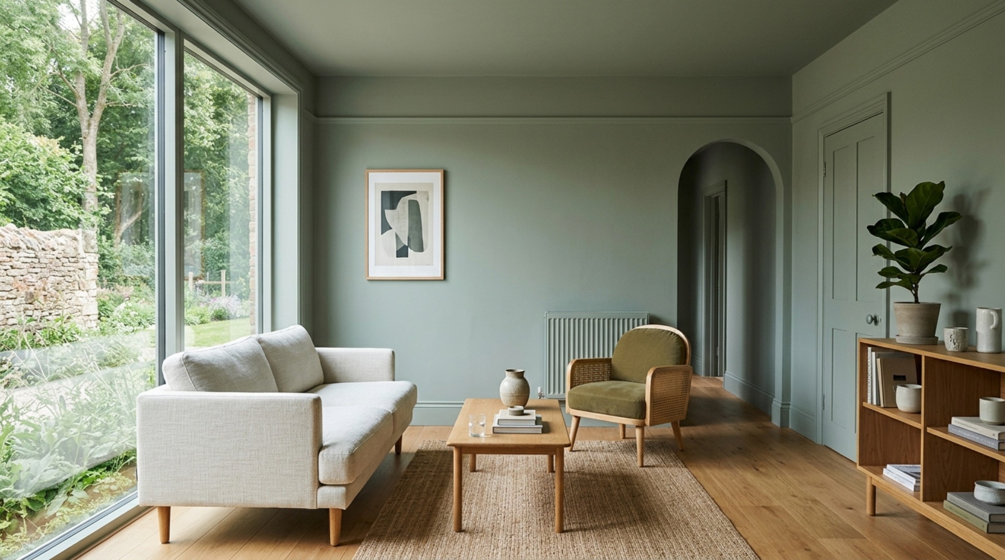 A small living room featuring floor-to-ceiling color drenching in a muted sage green, showing seamless transitions between walls, trim, and ceiling. A small living room featuring floor-to-ceiling color drenching in a muted sage green, showing seamless transitions between walls, trim, and ceiling.