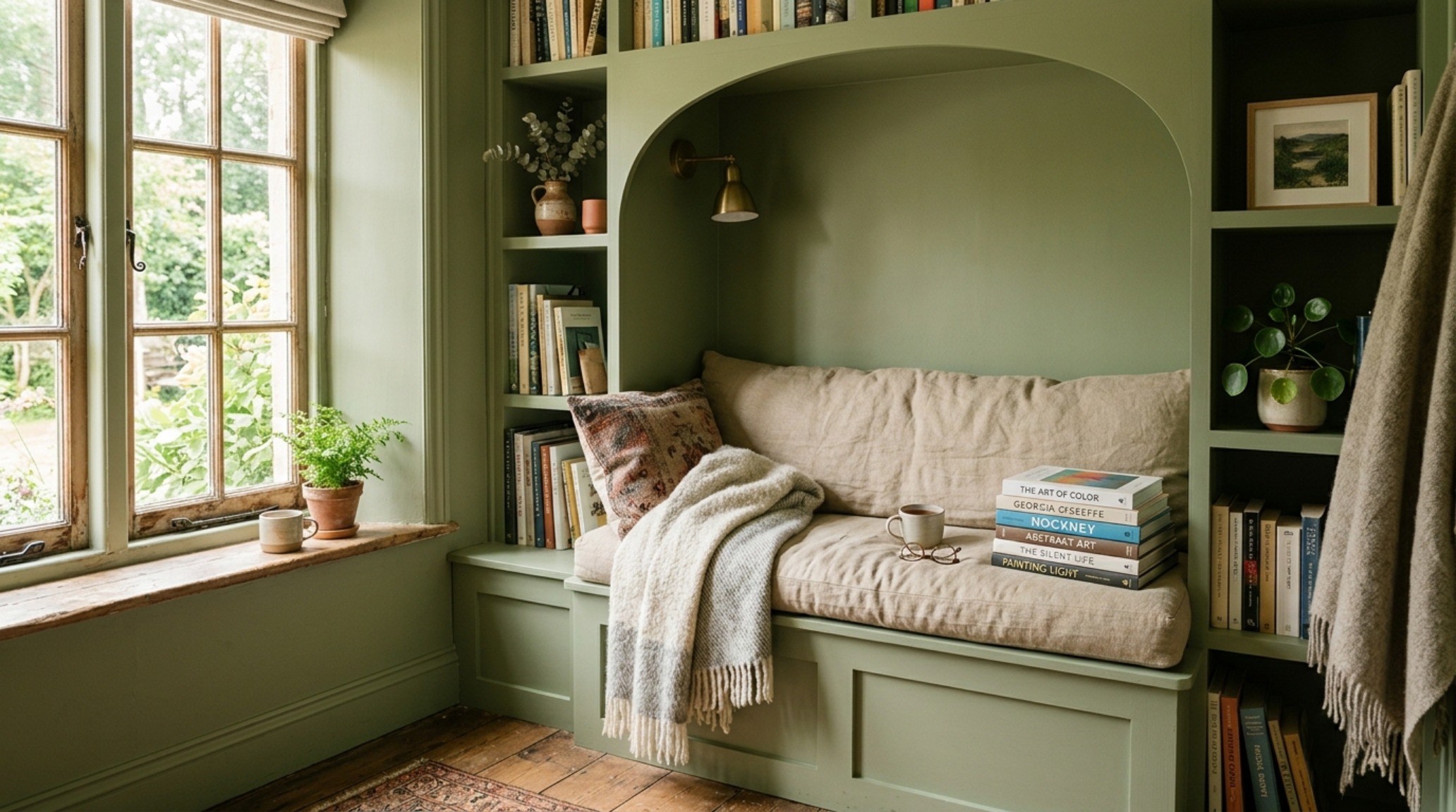 A reading nook featuring a sage green monochromatic palette, with a beige wool throw and an integrated bookshelf in the same wall color. A reading nook featuring a sage green monochromatic palette, with a beige wool throw and an integrated bookshelf in the same wall color.