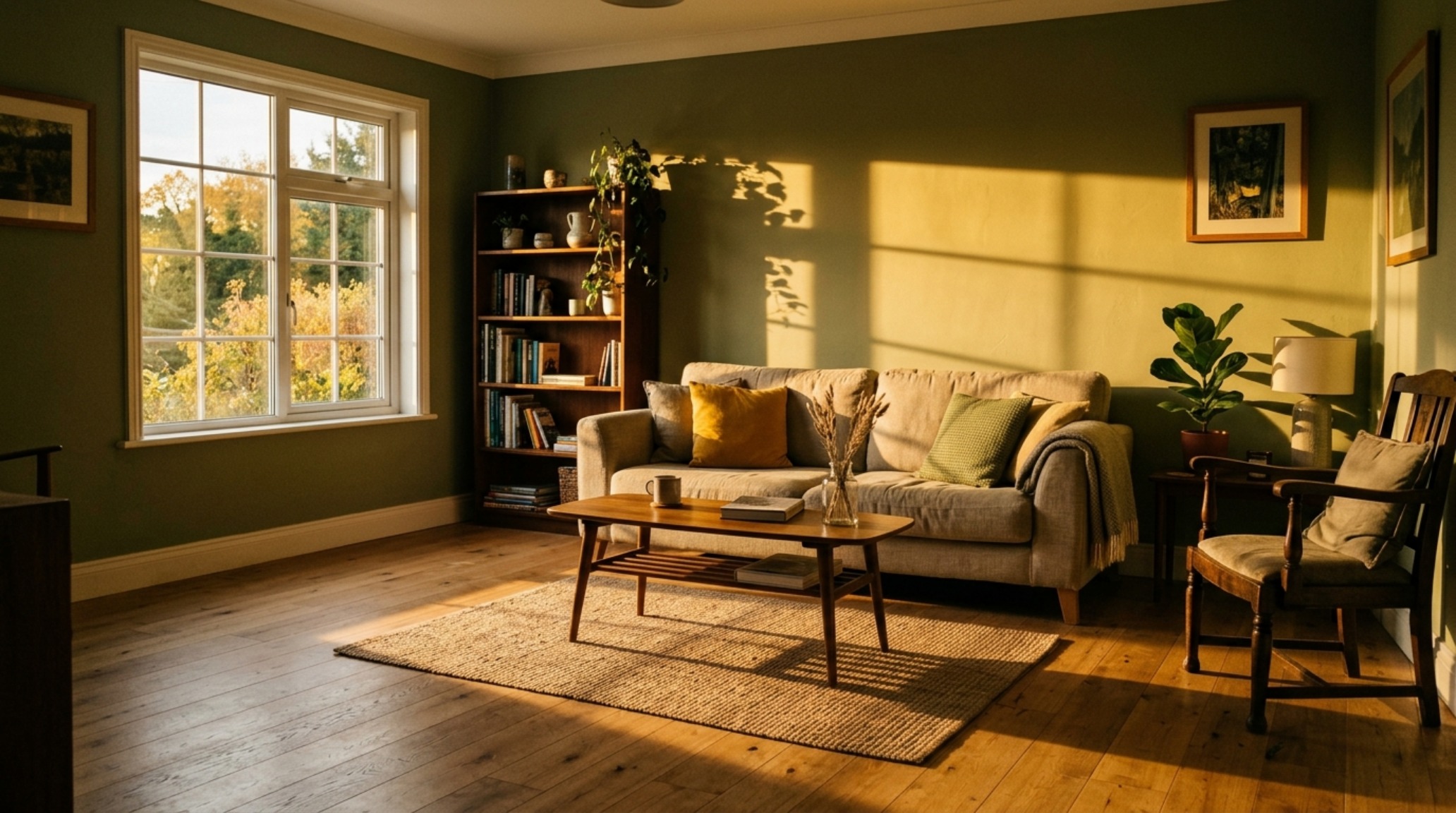 An airy view of a sage green living room during the golden hour, showing how directional sunlight interacts with the matte-finish paint. An airy view of a sage green living room during the golden hour, showing how directional sunlight interacts with the matte-finish paint.
