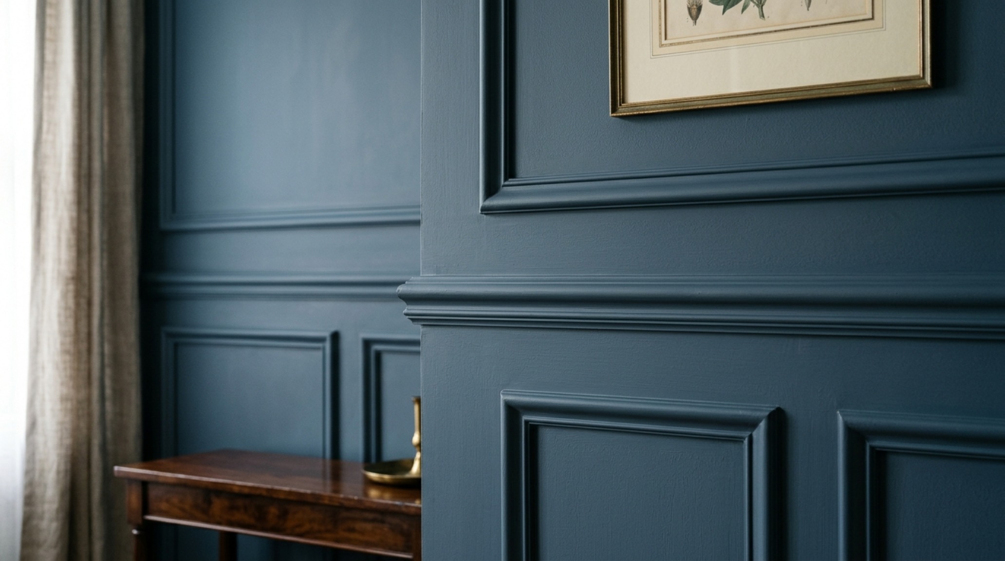 Close-up of architectural picture frame molding painted in a deep slate blue, demonstrating the shadow play and depth created by monochromatic finishes. Close-up of architectural picture frame molding painted in a deep slate blue, demonstrating the shadow play and depth created by monochromatic finishes.