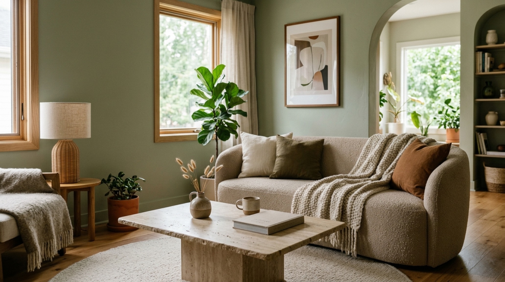 Organic modern living room setting with sage green walls, a beige bouclé sofa, and a honed travertine coffee table with warm 2700K lighting. Organic modern living room setting with sage green walls, a beige bouclé sofa, and a honed travertine coffee table with warm 2700K lighting.