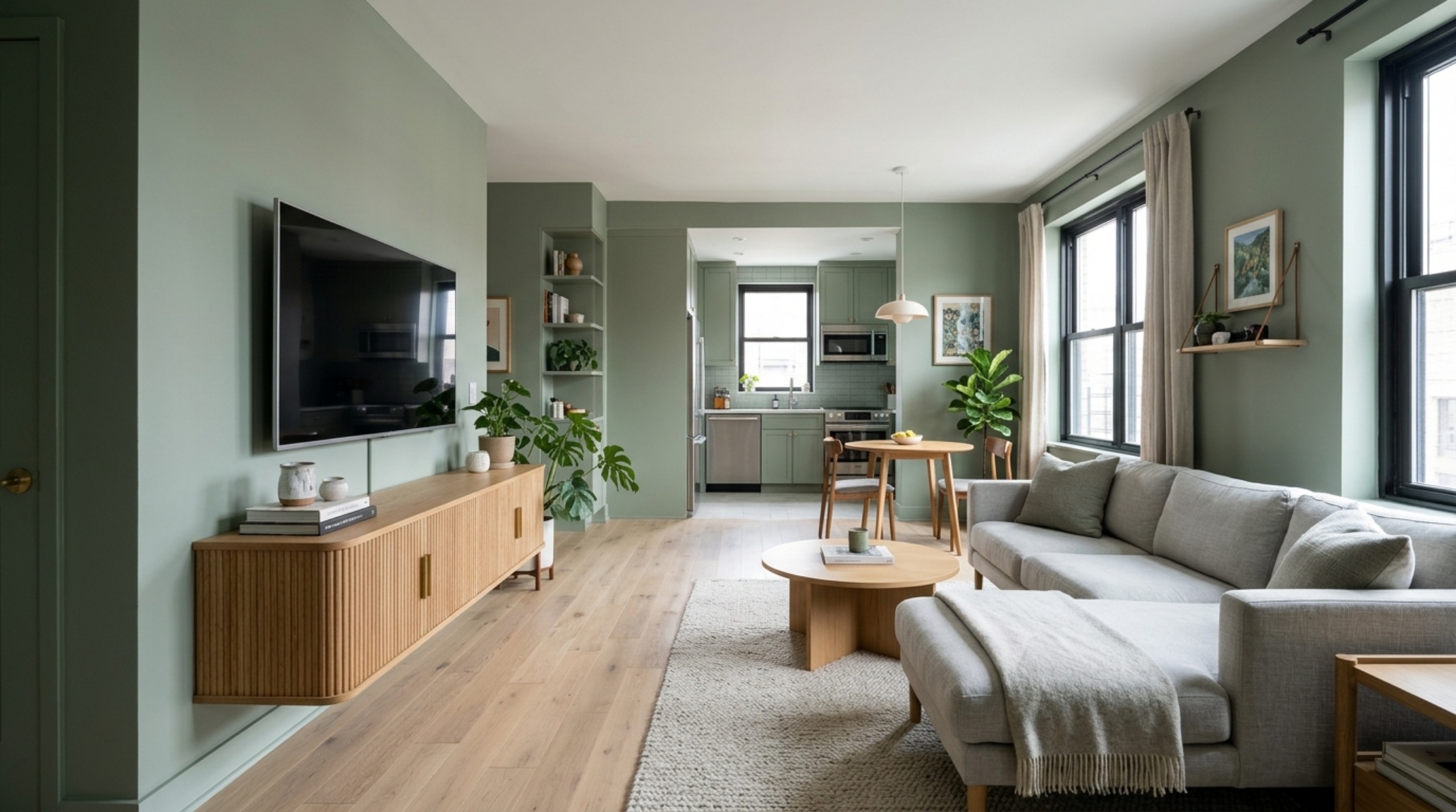 Wide-angle shot of a compact living area layout illustrating 36-inch walkway clearances and a wall-mounted fluted oak console in a sage green palette. Wide-angle shot of a compact living area layout illustrating 36-inch walkway clearances and a wall-mounted fluted oak console in a sage green palette.