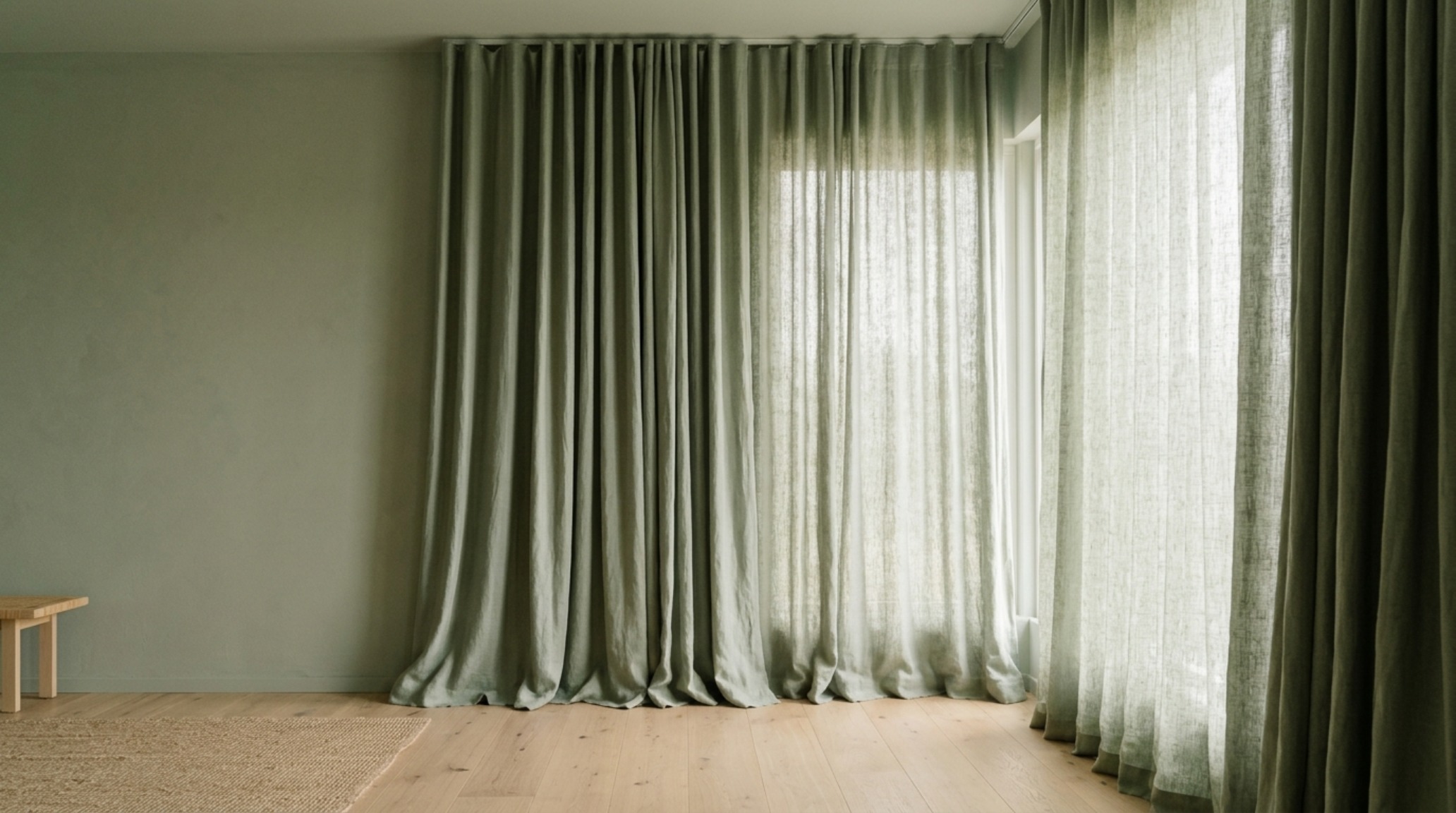 Lush Belgian linen curtains in a matching sage green hue, draped floor-to-ceiling to create a seamless architectural boundary in a small room. Lush Belgian linen curtains in a matching sage green hue, draped floor-to-ceiling to create a seamless architectural boundary in a small room.