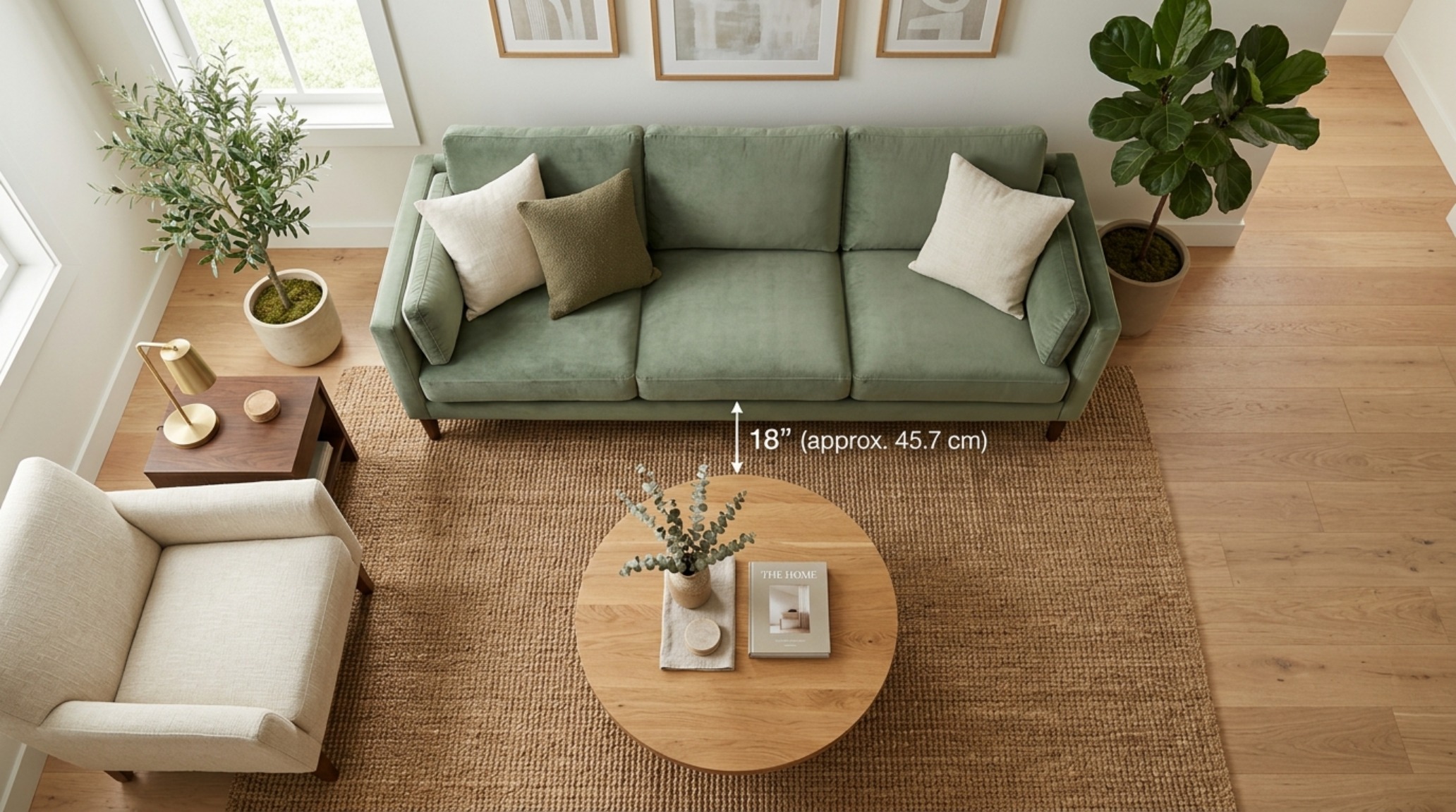 Bird's-eye view of a small living room layout showing an 18-inch reach from a sage green velvet sofa to a circular wooden coffee table. Bird's-eye view of a small living room layout showing an 18-inch reach from a sage green velvet sofa to a circular wooden coffee table.