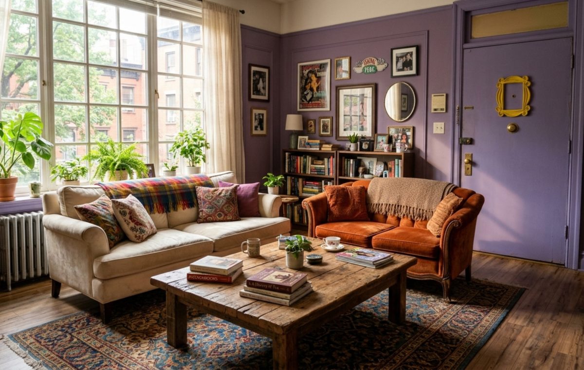 A photorealistic living room layout inspired by Friends with a purple door, eclectic velvet seating, and a large wooden coffee table, 35mm lens, natural afternoon light.