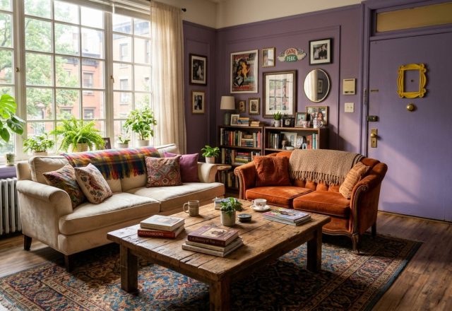 A photorealistic living room layout inspired by Friends with a purple door, eclectic velvet seating, and a large wooden coffee table, 35mm lens, natural afternoon light.