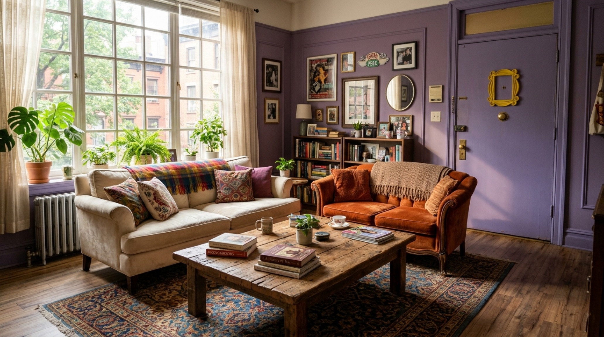 A photorealistic living room layout inspired by Friends with a purple door, eclectic velvet seating, and a large wooden coffee table, 35mm lens, natural afternoon light. A photorealistic living room layout inspired by Friends with a purple door, eclectic velvet seating, and a large wooden coffee table, 35mm lens, natural afternoon light.