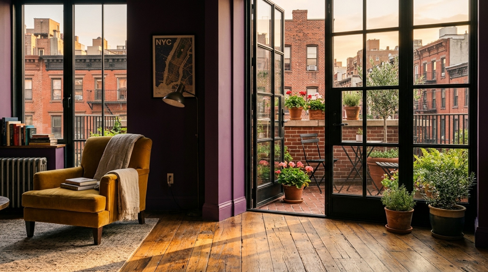 A sun-drenched transition between a cozy interior and a small city balcony, showcasing industrial glass doors and weathered wood flooring in a West Village style. A sun-drenched transition between a cozy interior and a small city balcony, showcasing industrial glass doors and weathered wood flooring in a West Village style.