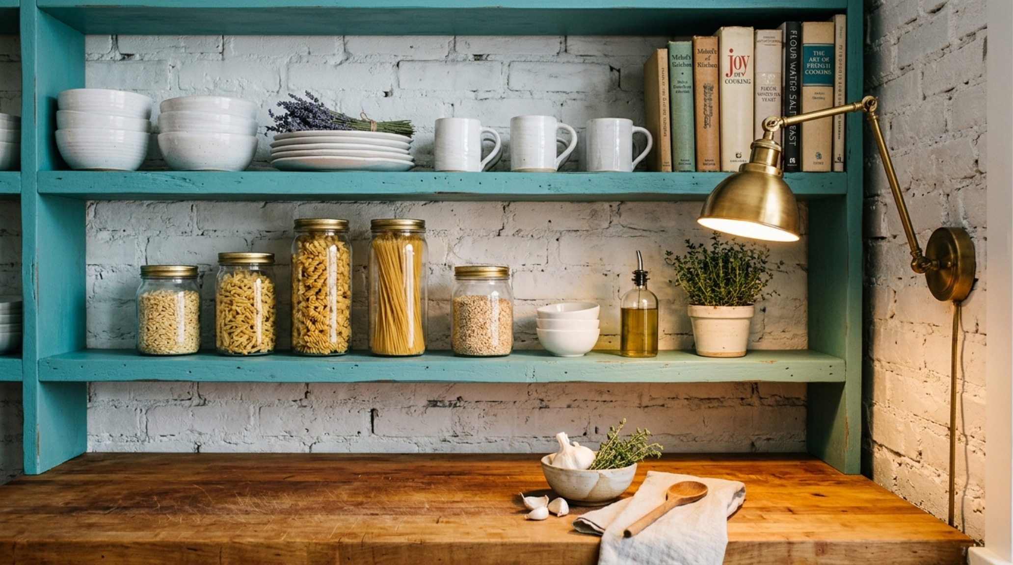 Maximalist kitchen design with open turquoise shelving, reclaimed brick walls, and vintage copper cookware under warm 2700K pendant lighting. Maximalist kitchen design with open turquoise shelving, reclaimed brick walls, and vintage copper cookware under warm 2700K pendant lighting.